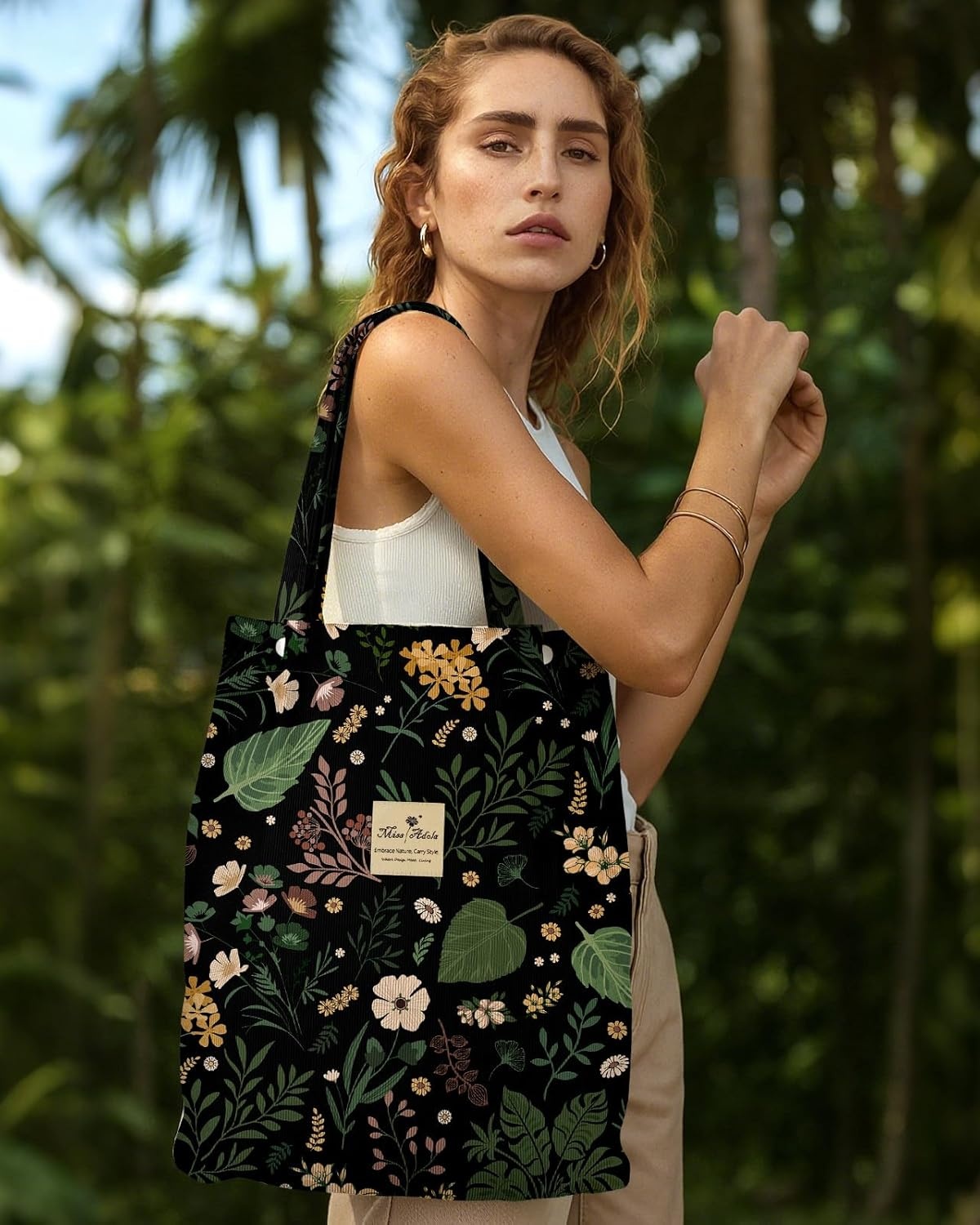 image:imageMiss Adola Corduroy Tote Bag for Women Reusable Totes with Magnetic Buckle amp Pocket Aesthetic Design Work Grocery BagsGreen Pk Flower