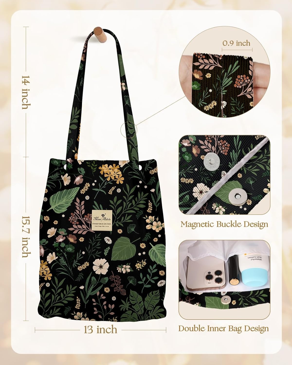 image:imageMiss Adola Corduroy Tote Bag for Women Reusable Totes with Magnetic Buckle amp Pocket Aesthetic Design Work Grocery BagsGreen Pk Flower