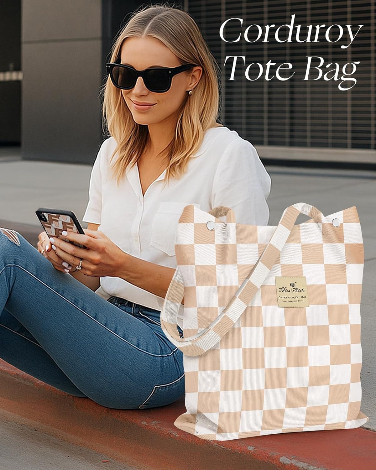 image:imageMiss Adola Corduroy Tote Bag for Women Reusable Totes with Magnetic Buckle amp Pocket Aesthetic Design Work Grocery BagsKhaki Plaid