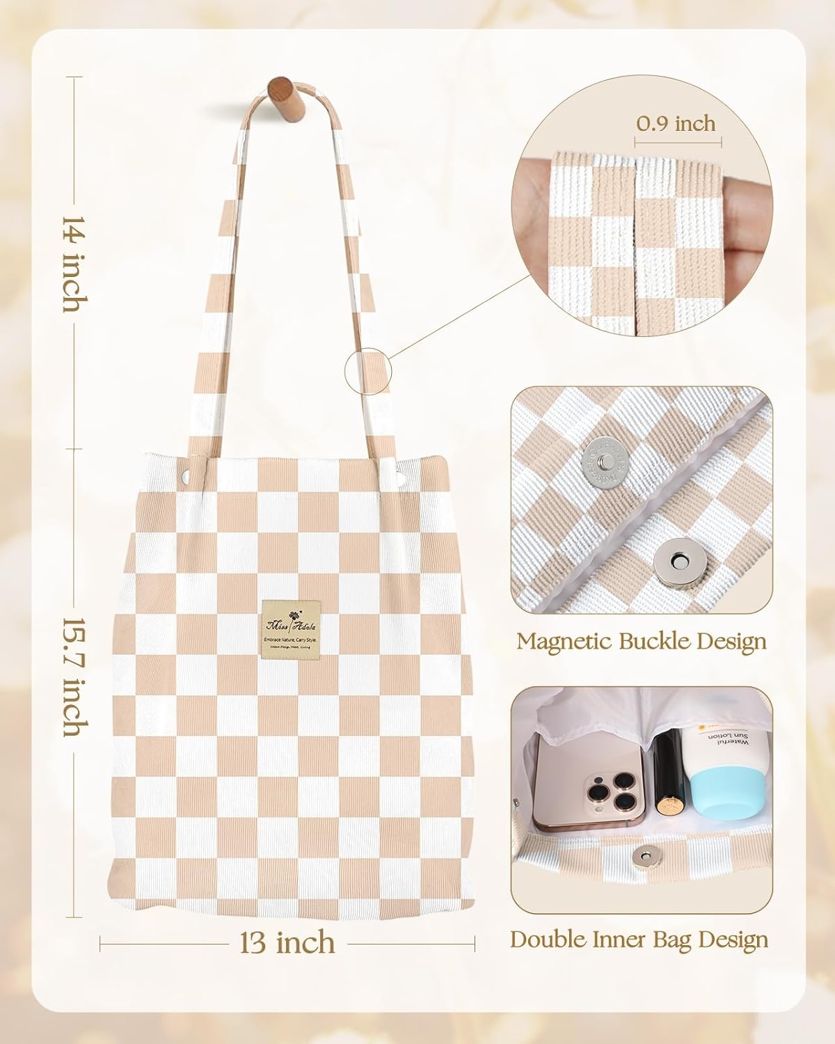 image:imageMiss Adola Corduroy Tote Bag for Women Reusable Totes with Magnetic Buckle amp Pocket Aesthetic Design Work Grocery BagsKhaki Plaid