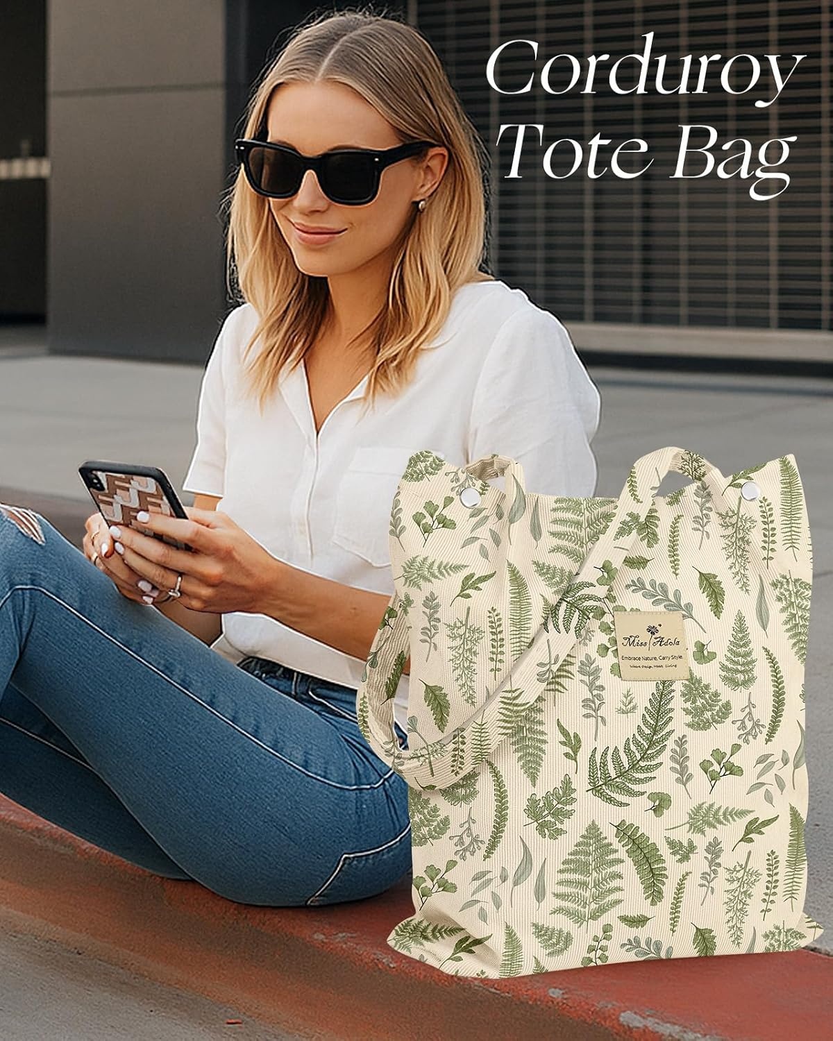 image:imageMiss Adola Corduroy Tote Bag for Women Reusable Totes with Magnetic Buckle amp Pocket Aesthetic Design Work Grocery BagsLeaf Collection