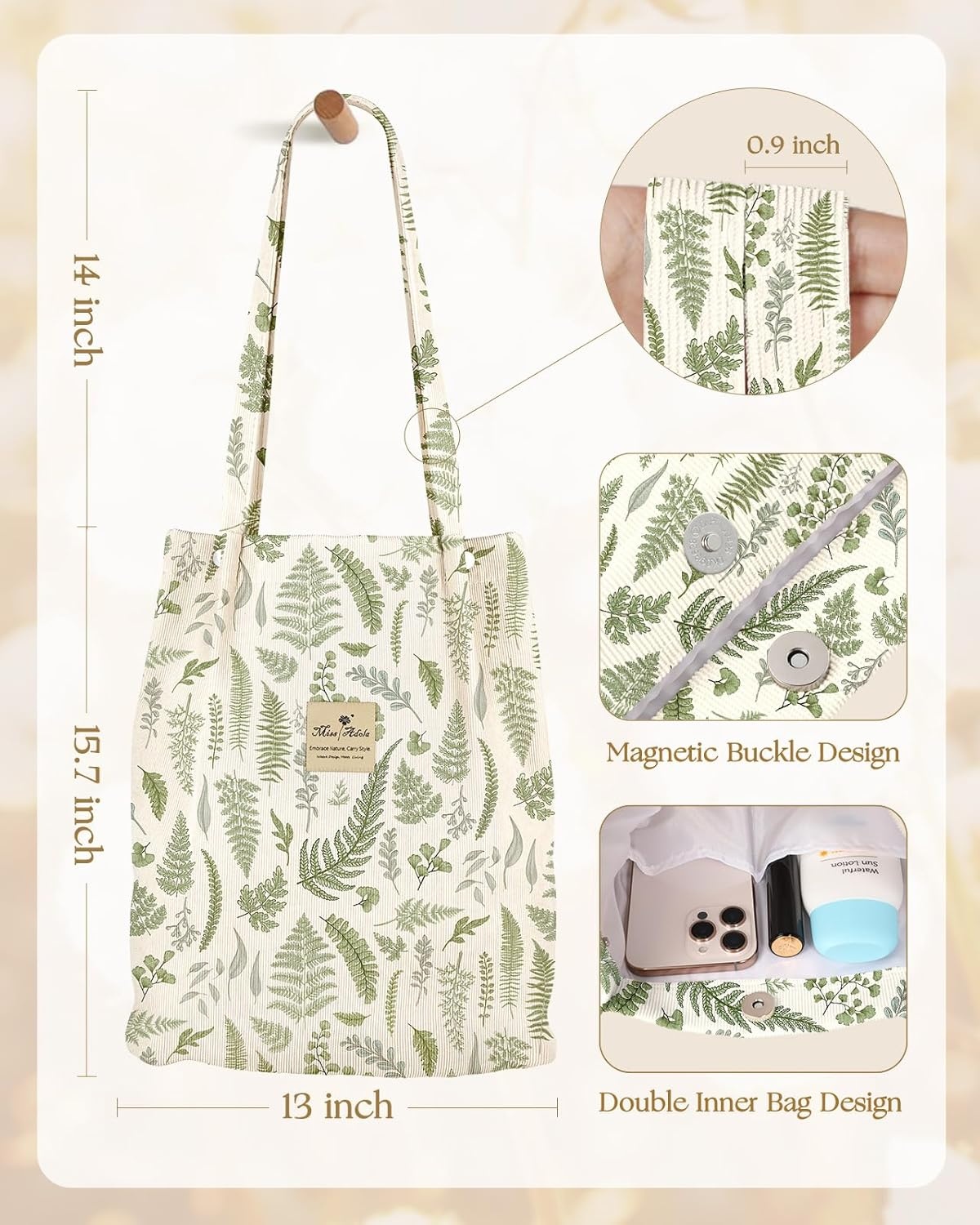 image:imageMiss Adola Corduroy Tote Bag for Women Reusable Totes with Magnetic Buckle amp Pocket Aesthetic Design Work Grocery BagsLeaf Collection