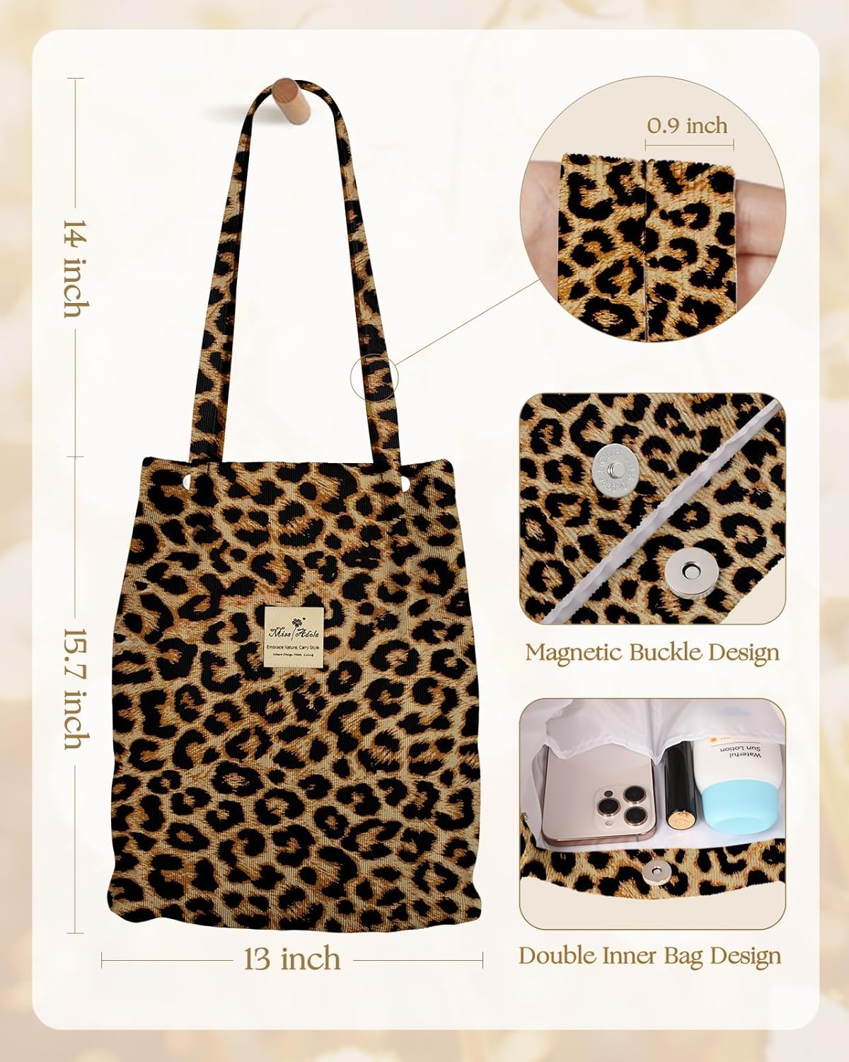 image:imageMiss Adola Corduroy Tote Bag for Women Reusable Totes with Magnetic Buckle amp Pocket Aesthetic Design Work Grocery BagsLeopard Print