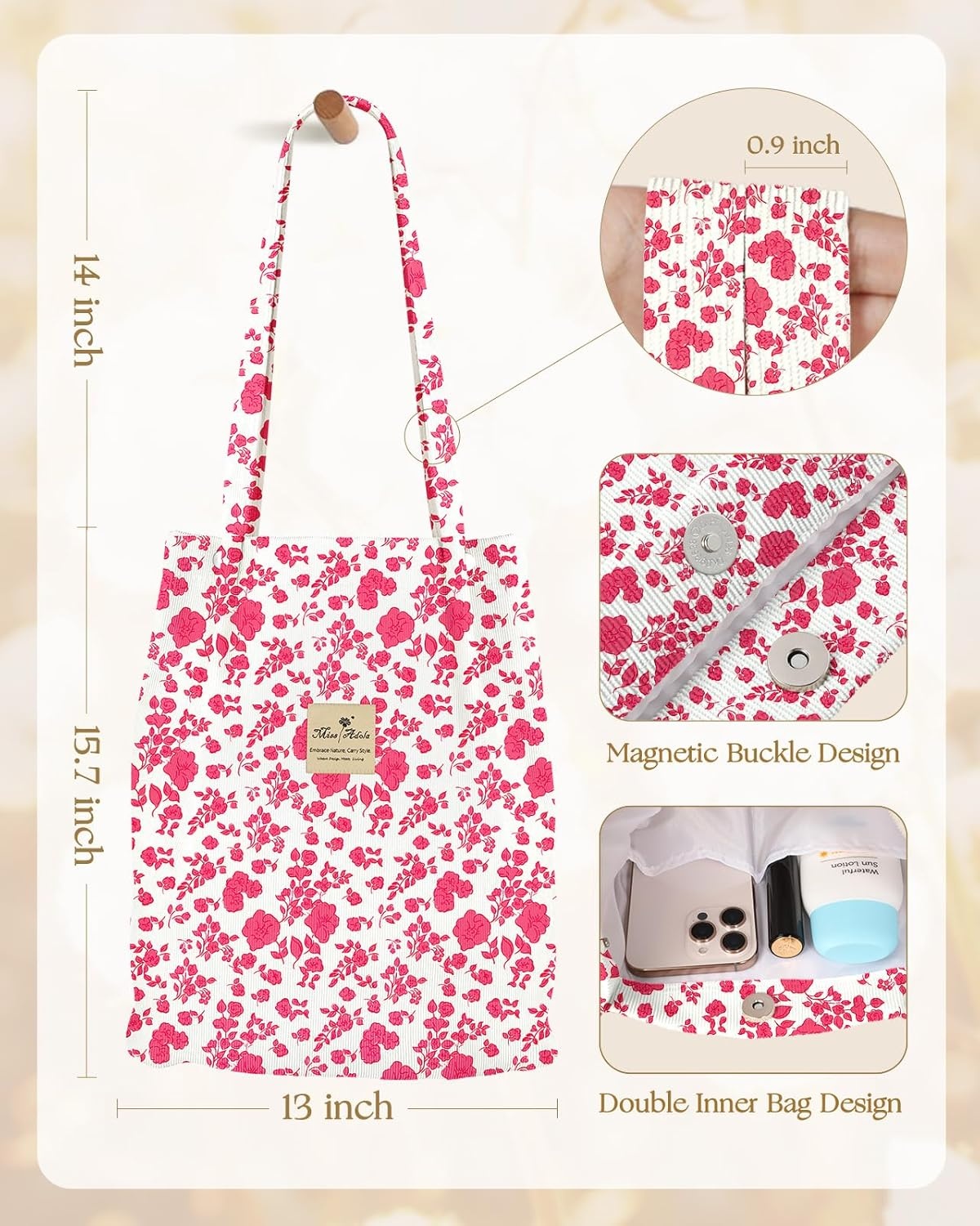 image:imageMiss Adola Corduroy Tote Bag for Women Reusable Totes with Magnetic Buckle amp Pocket Aesthetic Design Work Grocery BagsPk Fresh Flower