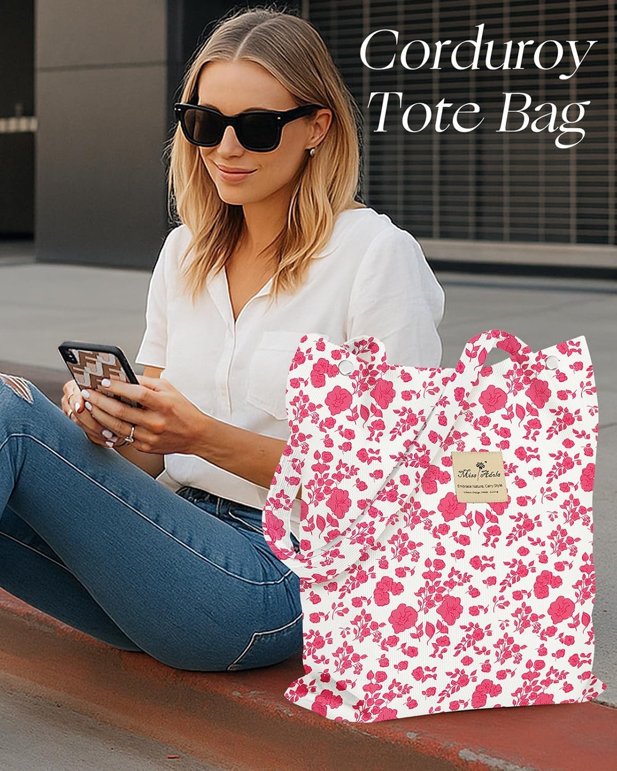 image:imageMiss Adola Corduroy Tote Bag for Women Reusable Totes with Magnetic Buckle amp Pocket Aesthetic Design Work Grocery BagsPk Fresh Flower