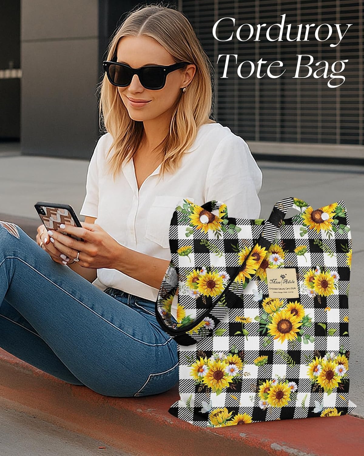 image:imageMiss Adola Corduroy Tote Bag for Women Reusable Totes with Magnetic Buckle amp Pocket Aesthetic Design Work Grocery BagsPlaid Sunflower