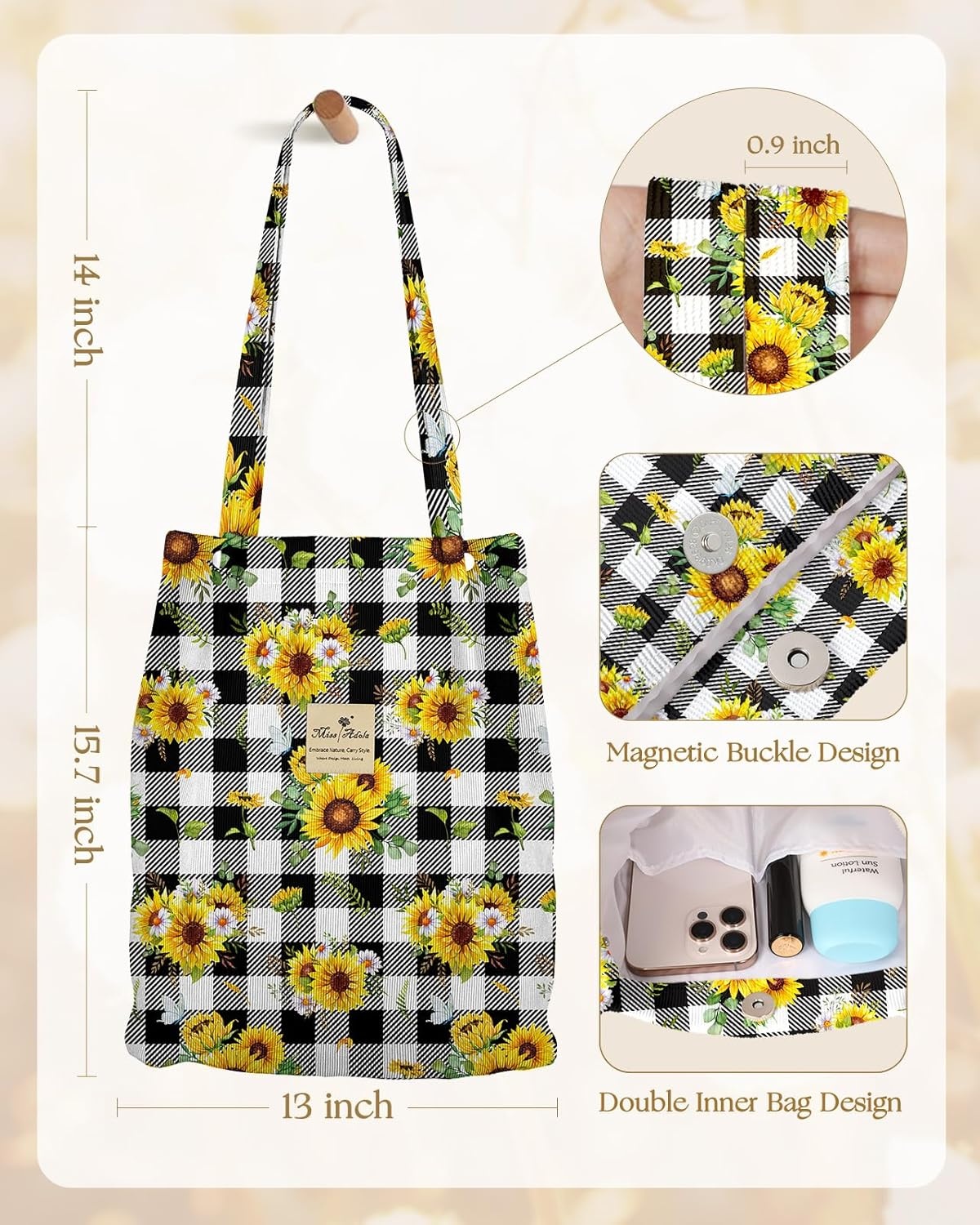 image:imageMiss Adola Corduroy Tote Bag for Women Reusable Totes with Magnetic Buckle amp Pocket Aesthetic Design Work Grocery BagsPlaid Sunflower