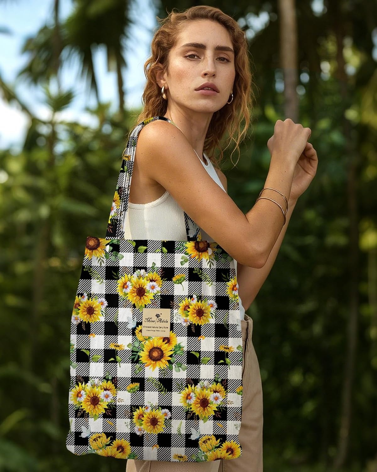 image:imageMiss Adola Corduroy Tote Bag for Women Reusable Totes with Magnetic Buckle amp Pocket Aesthetic Design Work Grocery BagsPlaid Sunflower
