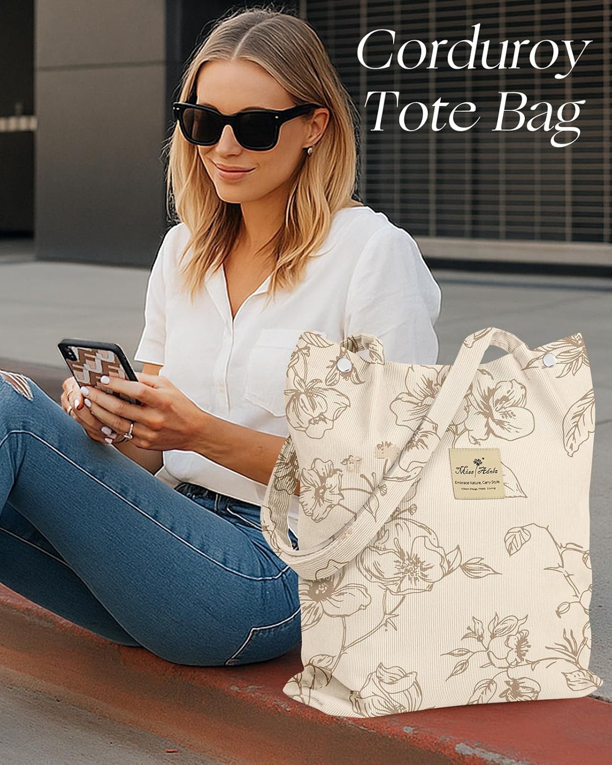 image:imageMiss Adola Corduroy Tote Bag for Women Reusable Totes with Magnetic Buckle amp Pocket Aesthetic Design Work Grocery BagsSimple Flower