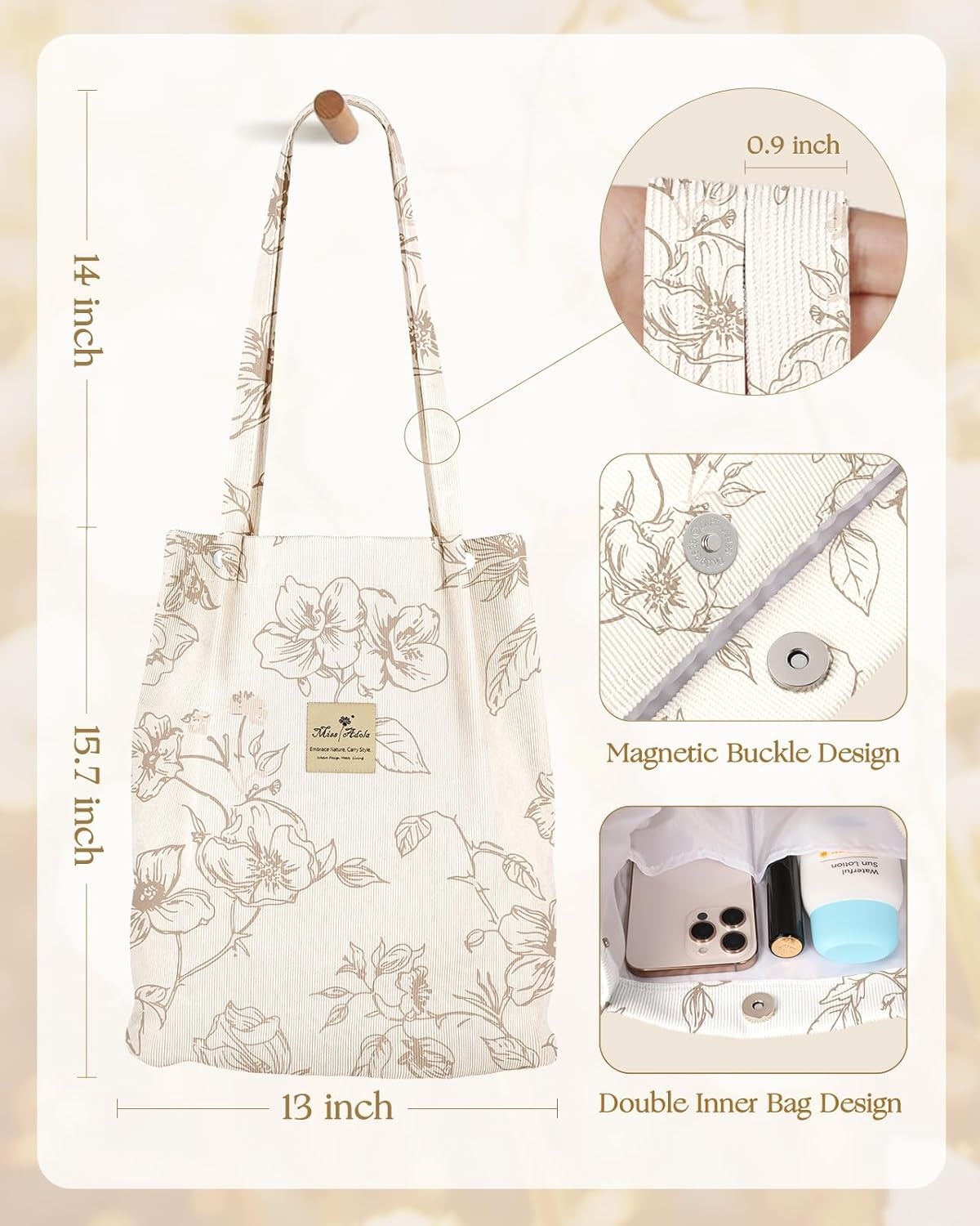 image:imageMiss Adola Corduroy Tote Bag for Women Reusable Totes with Magnetic Buckle amp Pocket Aesthetic Design Work Grocery BagsSimple Flower