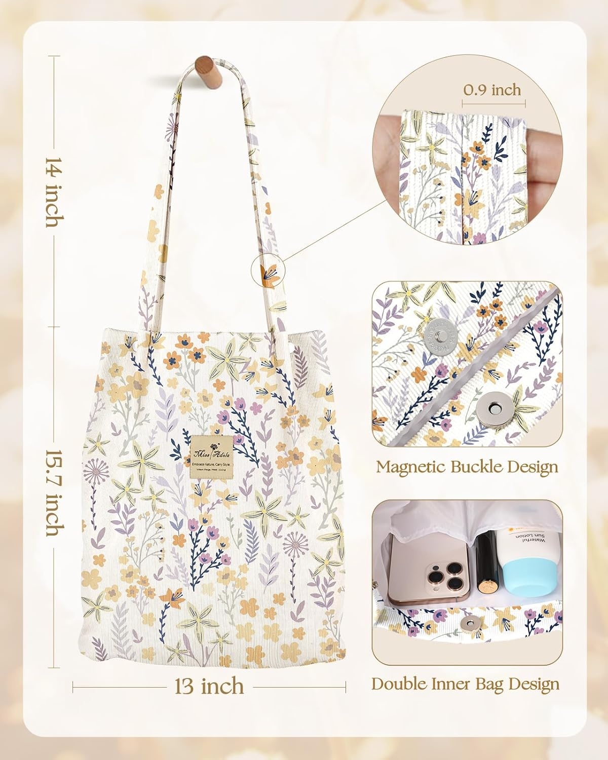 image:imageMiss Adola Corduroy Tote Bag for Women Reusable Totes with Magnetic Buckle amp Pocket Aesthetic Design Work Grocery BagsSmall Floral