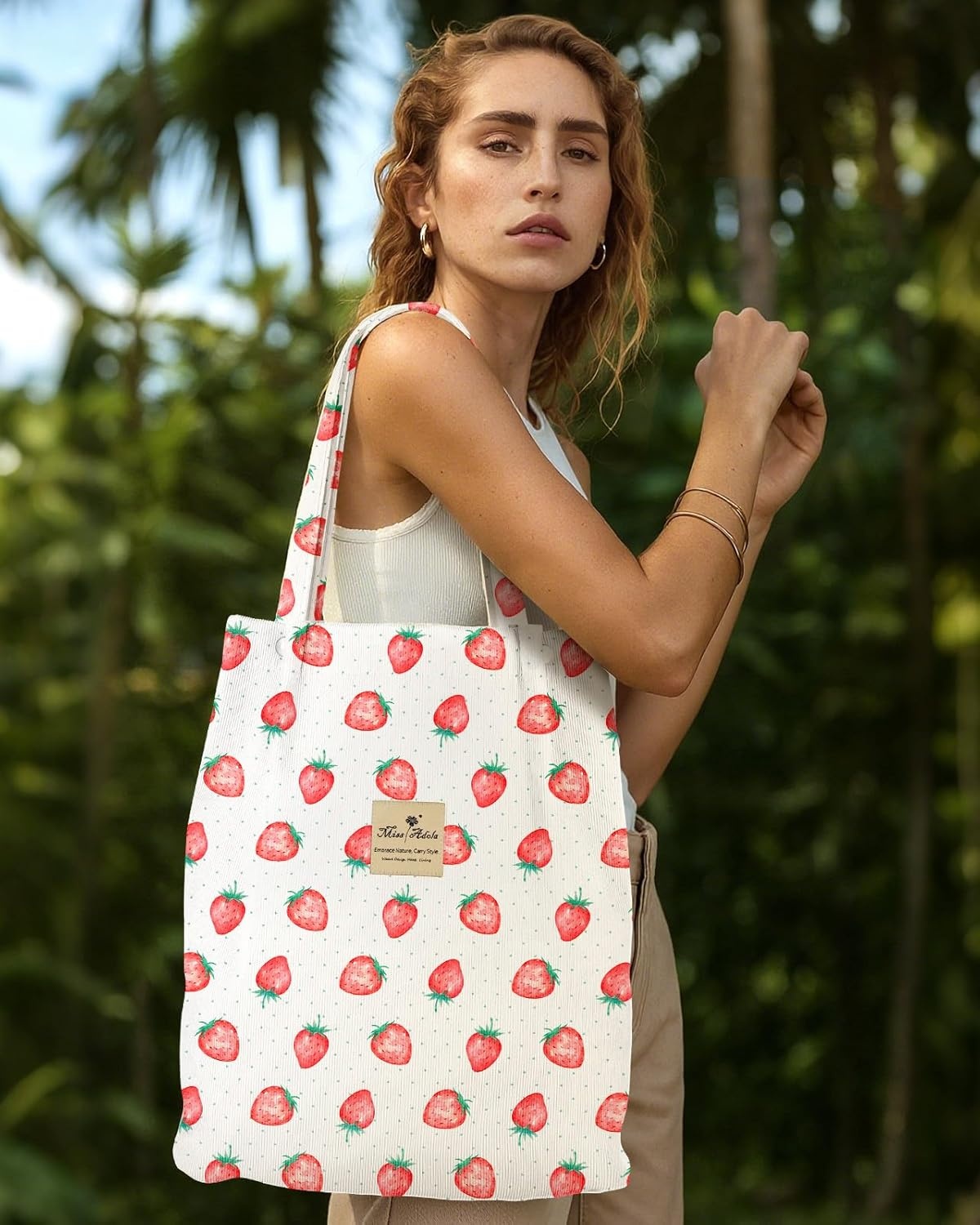 image:imageMiss Adola Corduroy Tote Bag for Women Reusable Totes with Magnetic Buckle amp Pocket Aesthetic Design Work Grocery BagsStrawberry Dots
