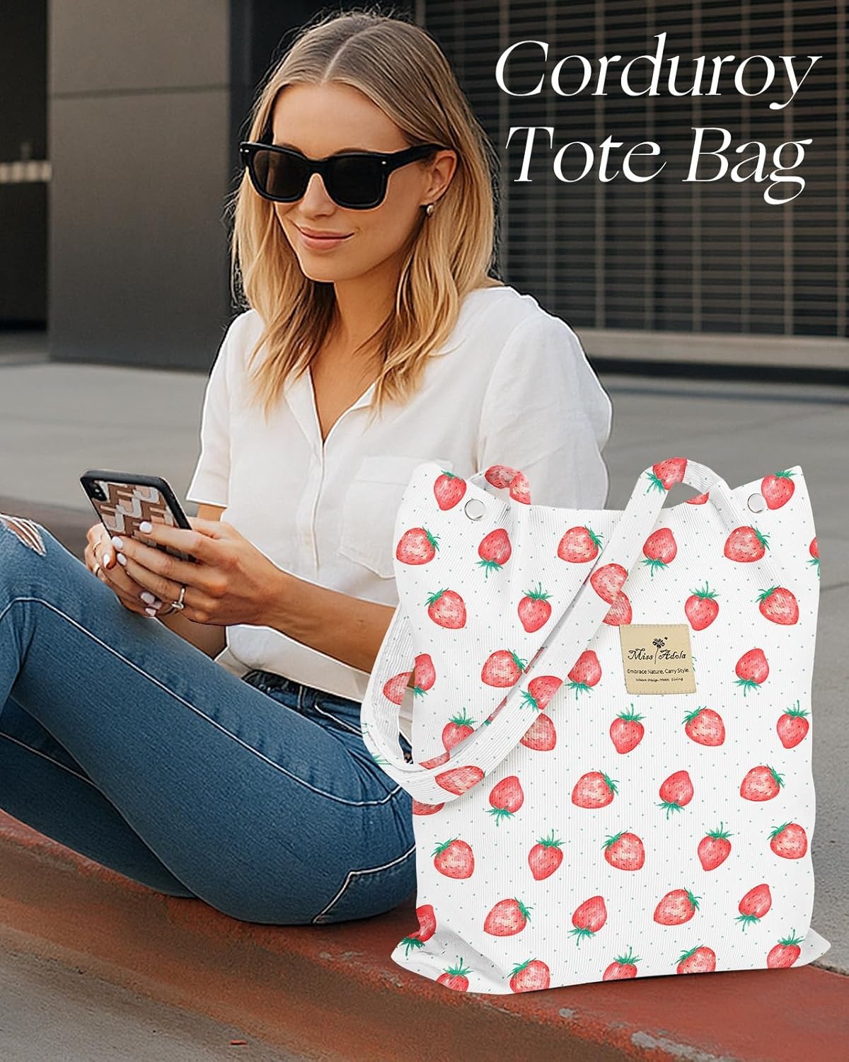 image:imageMiss Adola Corduroy Tote Bag for Women Reusable Totes with Magnetic Buckle amp Pocket Aesthetic Design Work Grocery BagsStrawberry Dots
