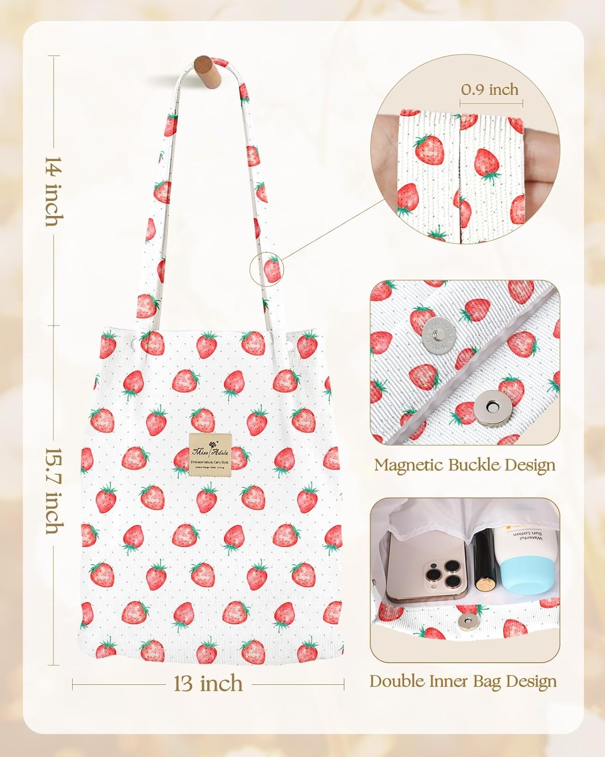 image:imageMiss Adola Corduroy Tote Bag for Women Reusable Totes with Magnetic Buckle amp Pocket Aesthetic Design Work Grocery BagsStrawberry Dots