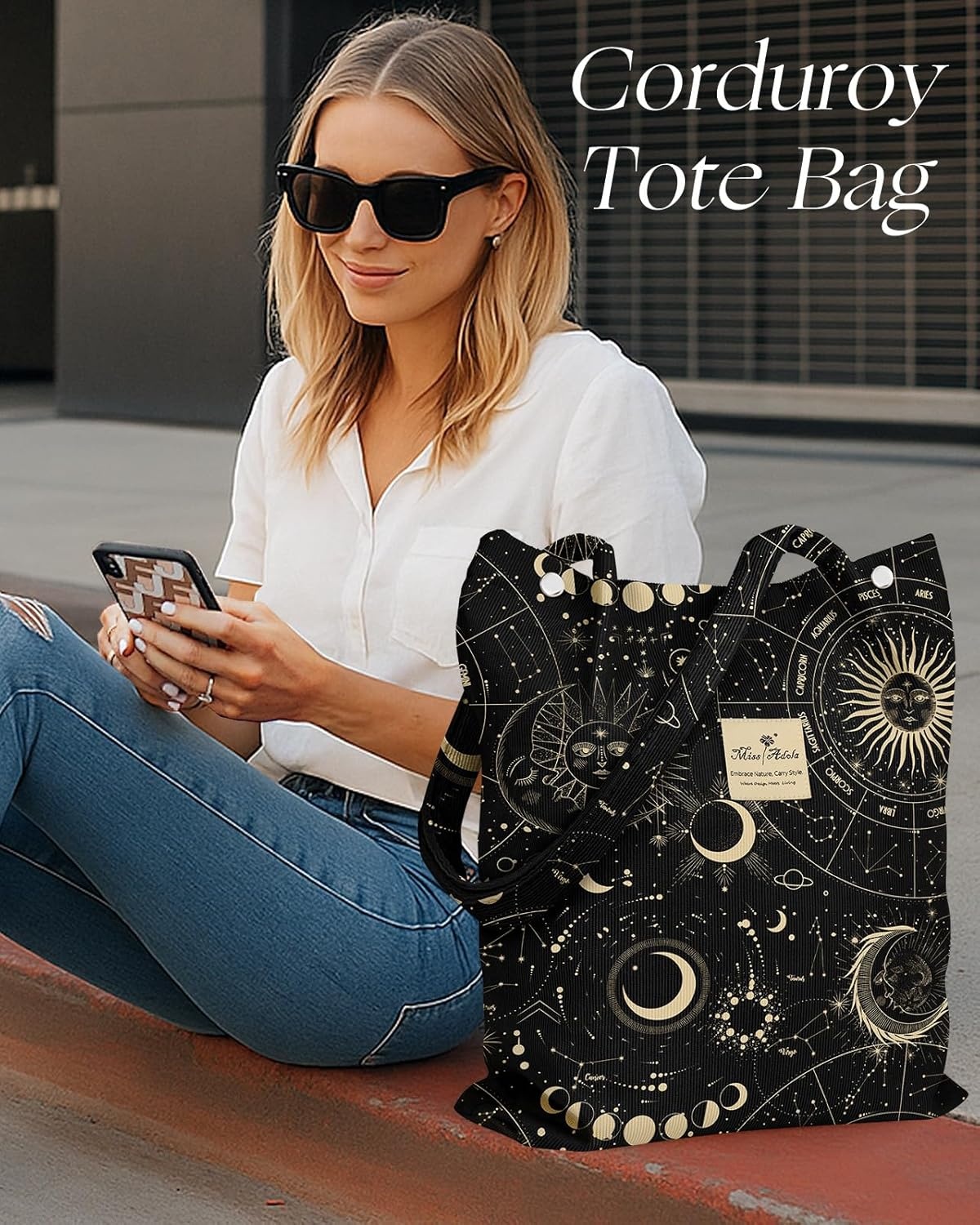 image:imageMiss Adola Corduroy Tote Bag for Women Reusable Totes with Magnetic Buckle amp Pocket Aesthetic Design Work Grocery BagsSun Stars