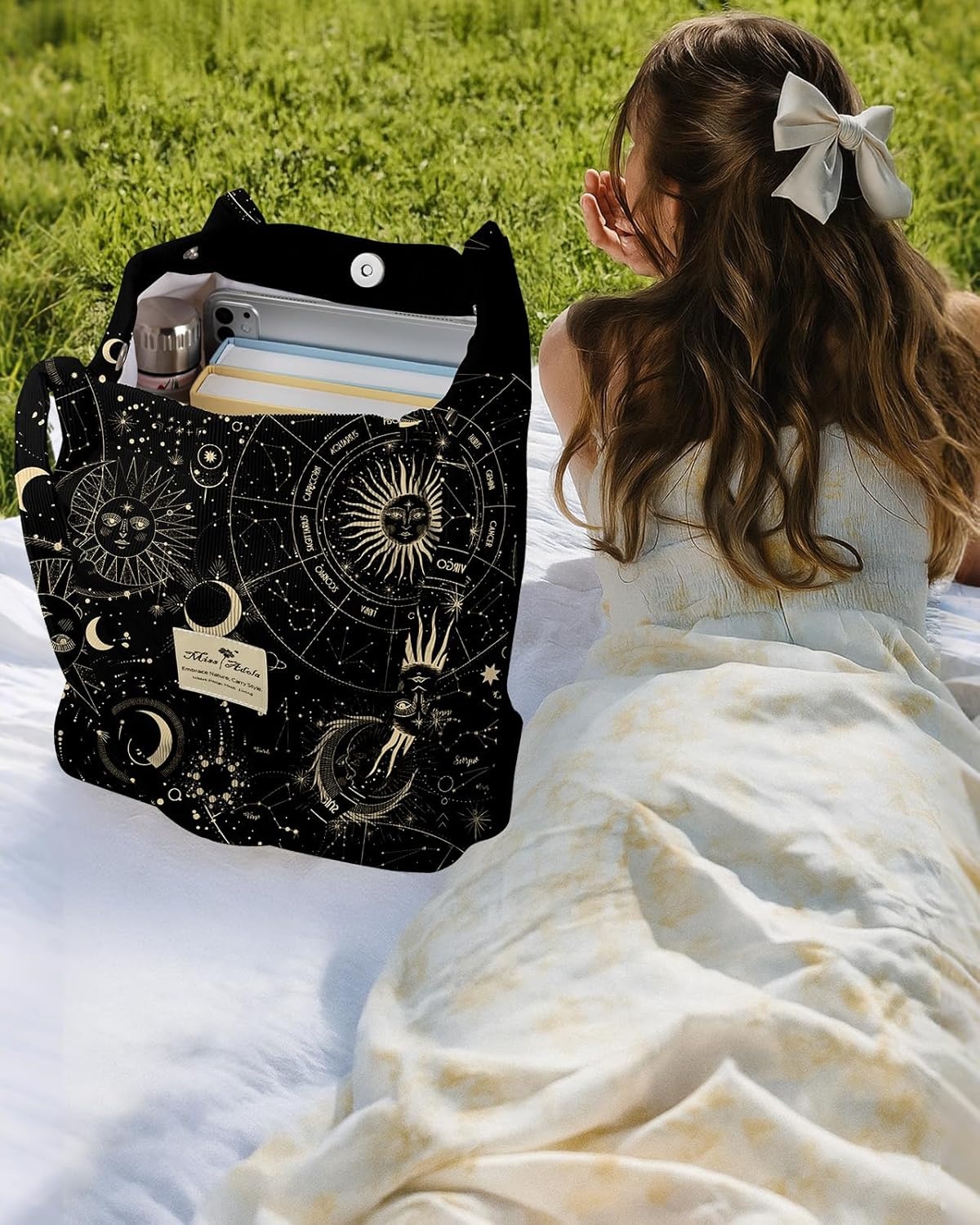 image:imageMiss Adola Corduroy Tote Bag for Women Reusable Totes with Magnetic Buckle amp Pocket Aesthetic Design Work Grocery BagsSun Stars