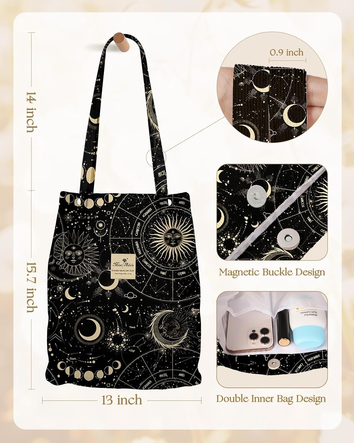 image:imageMiss Adola Corduroy Tote Bag for Women Reusable Totes with Magnetic Buckle amp Pocket Aesthetic Design Work Grocery BagsSun Stars