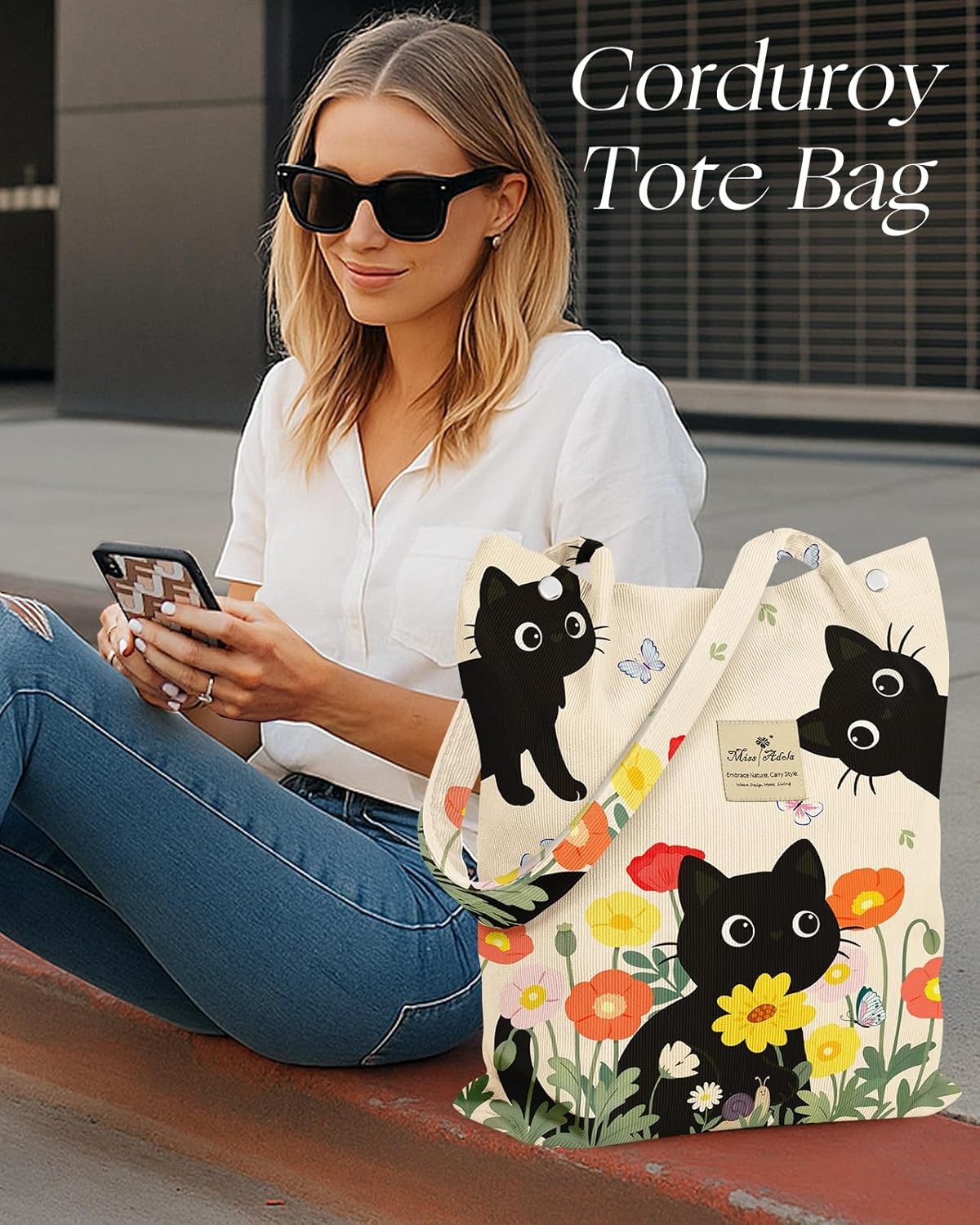image:imageMiss Adola Corduroy Tote Bag for Women Reusable Totes with Magnetic Buckle amp Pocket Aesthetic Design Work Grocery BagsThree Cats