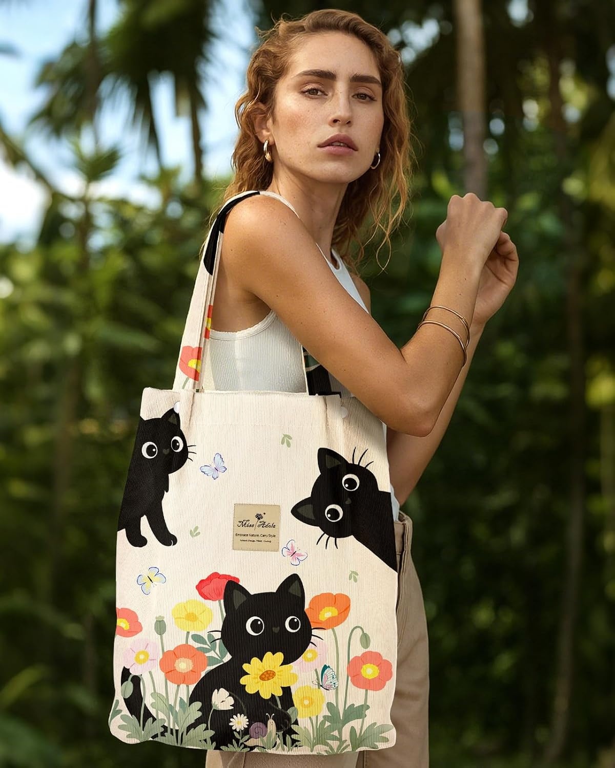 image:imageMiss Adola Corduroy Tote Bag for Women Reusable Totes with Magnetic Buckle amp Pocket Aesthetic Design Work Grocery BagsThree Cats