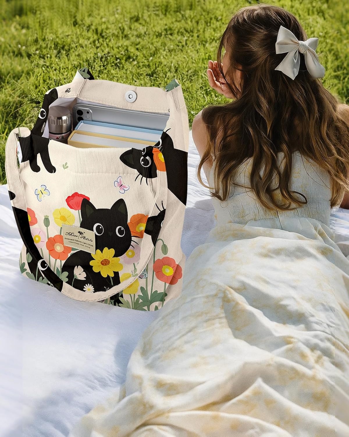 image:imageMiss Adola Corduroy Tote Bag for Women Reusable Totes with Magnetic Buckle amp Pocket Aesthetic Design Work Grocery BagsThree Cats