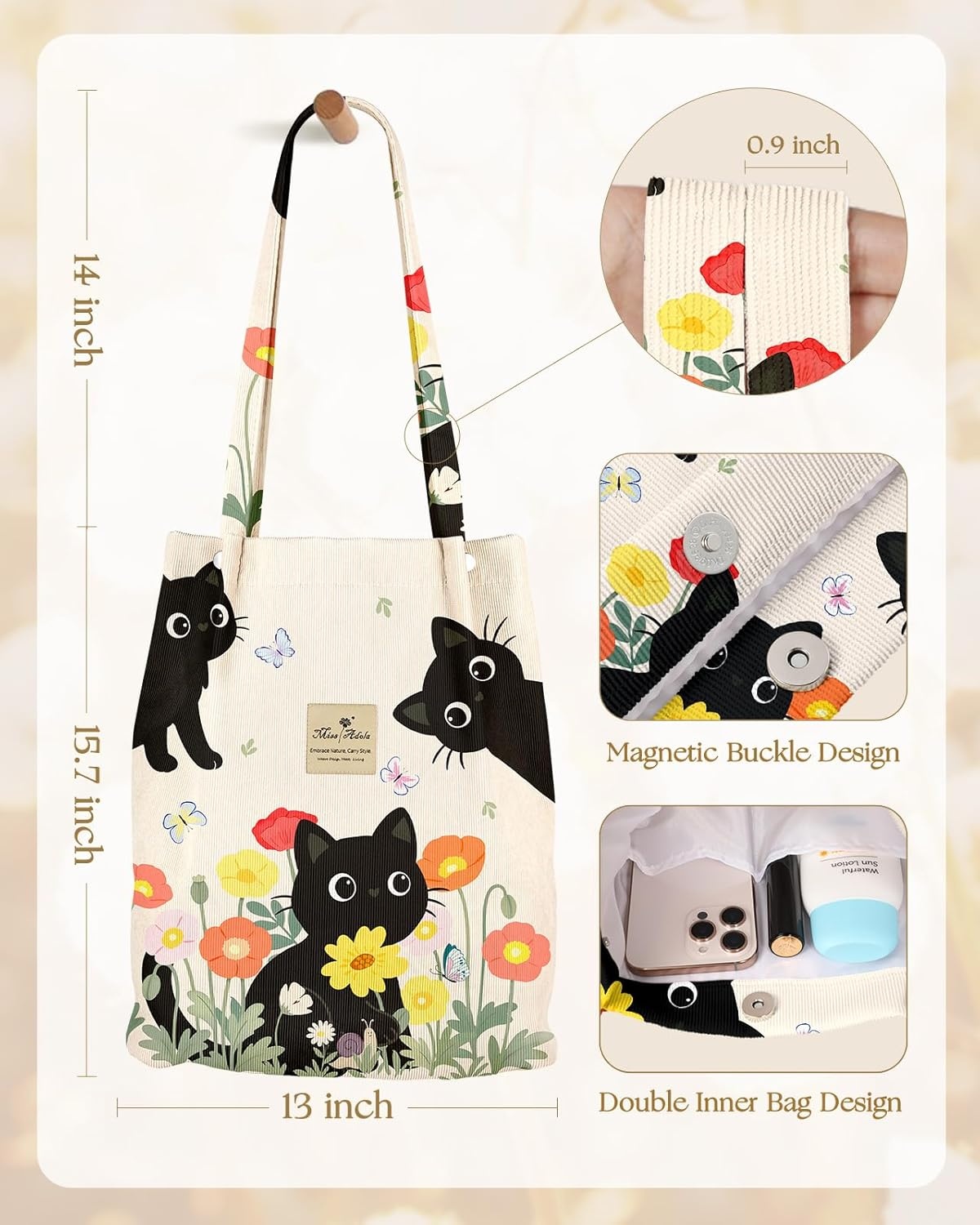 image:imageMiss Adola Corduroy Tote Bag for Women Reusable Totes with Magnetic Buckle amp Pocket Aesthetic Design Work Grocery BagsThree Cats