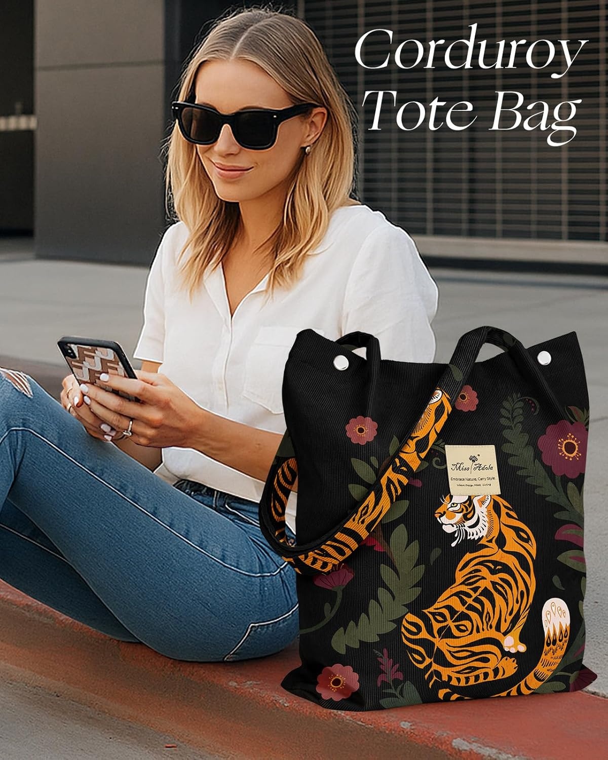 image:imageMiss Adola Corduroy Tote Bag for Women Reusable Totes with Magnetic Buckle amp Pocket Aesthetic Design Work Grocery BagsTiger Flower
