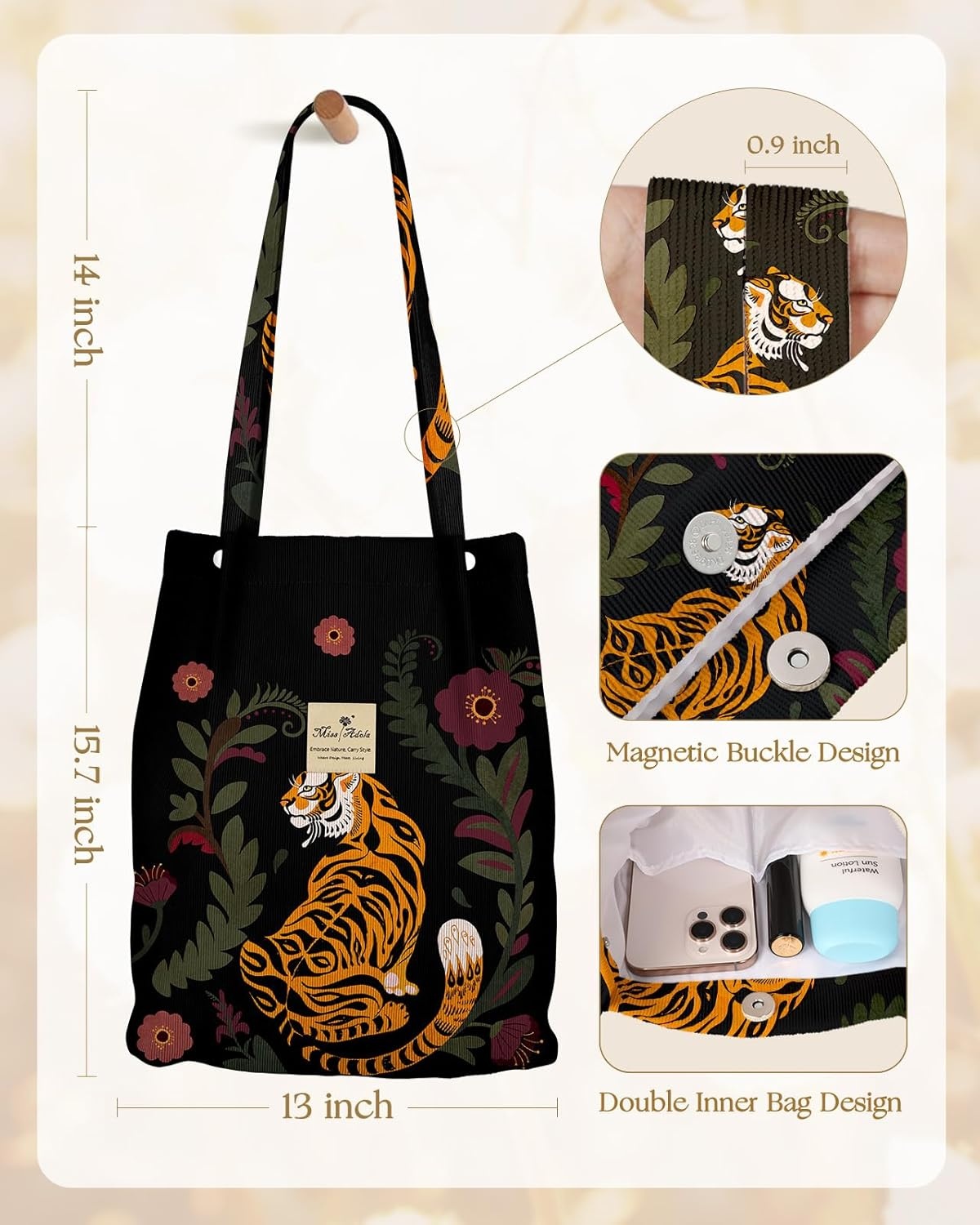 image:imageMiss Adola Corduroy Tote Bag for Women Reusable Totes with Magnetic Buckle amp Pocket Aesthetic Design Work Grocery BagsTiger Flower