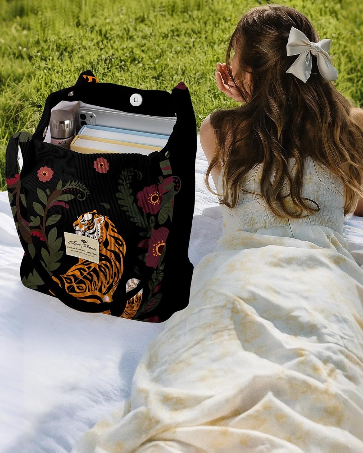 image:imageMiss Adola Corduroy Tote Bag for Women Reusable Totes with Magnetic Buckle amp Pocket Aesthetic Design Work Grocery BagsTiger Flower