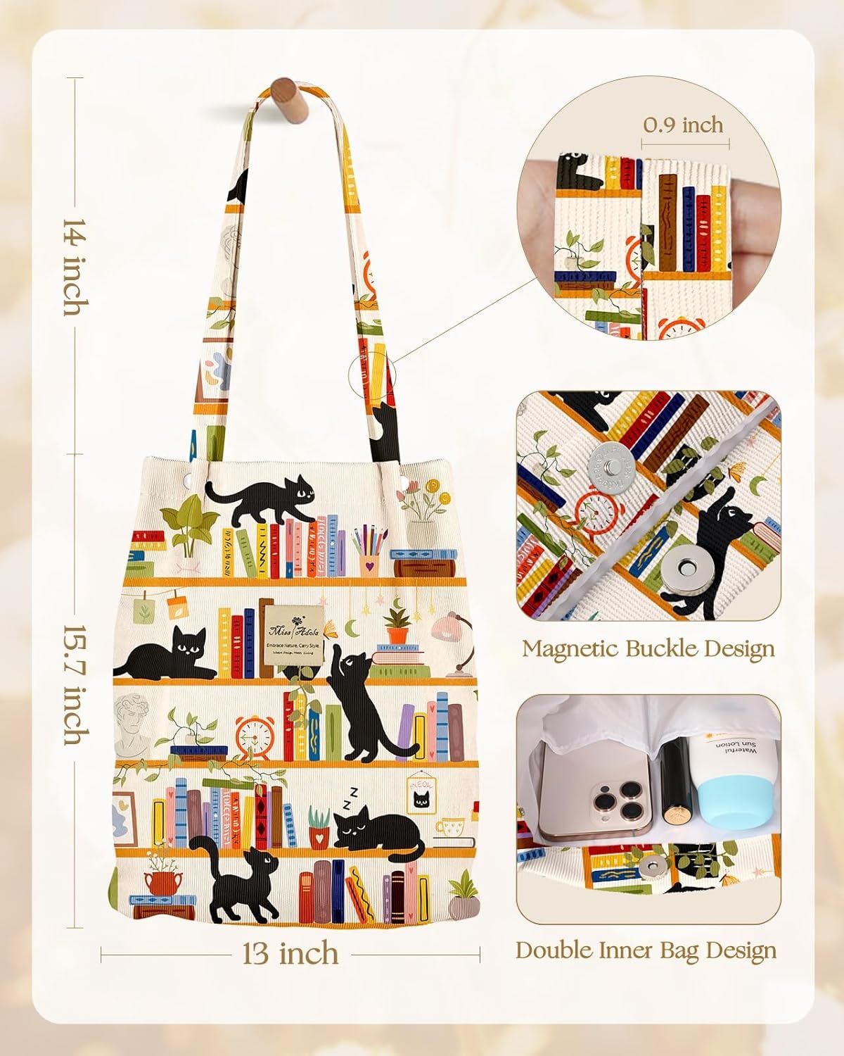 image:imageMiss Adola Corduroy Tote Bag for Women Reusable Totes with Magnetic Buckle amp Pocket Aesthetic Design Work Grocery BagsWt Bookshelf Black Cat