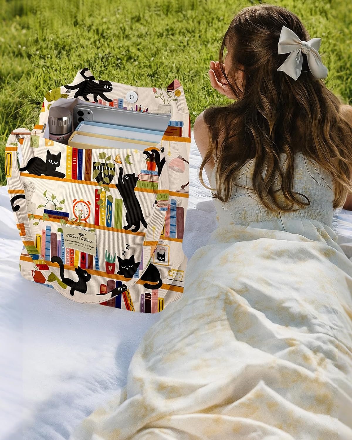 image:imageMiss Adola Corduroy Tote Bag for Women Reusable Totes with Magnetic Buckle amp Pocket Aesthetic Design Work Grocery BagsWt Bookshelf Black Cat
