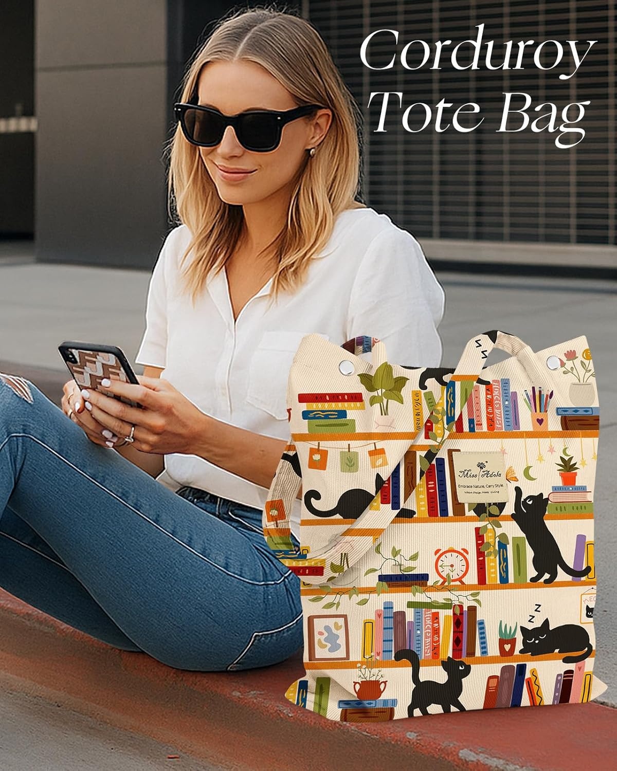 image:imageMiss Adola Corduroy Tote Bag for Women Reusable Totes with Magnetic Buckle amp Pocket Aesthetic Design Work Grocery BagsWt Bookshelf Black Cat