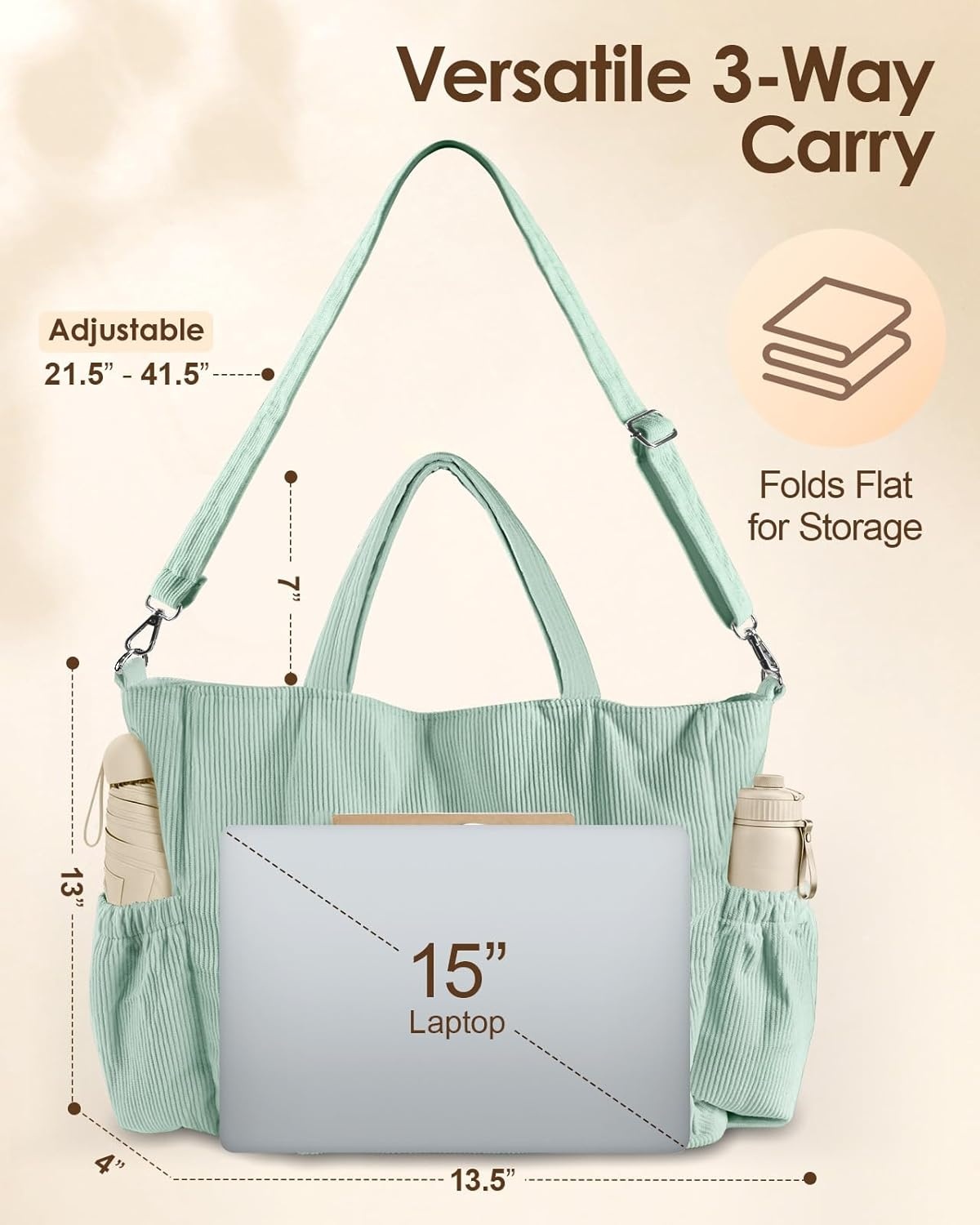 image:imageMiss Adola Crossbody Corduroy Tote Bag for Women Large Tote Bag with MultiPockets and Zipper for Travel WorkBeangreen