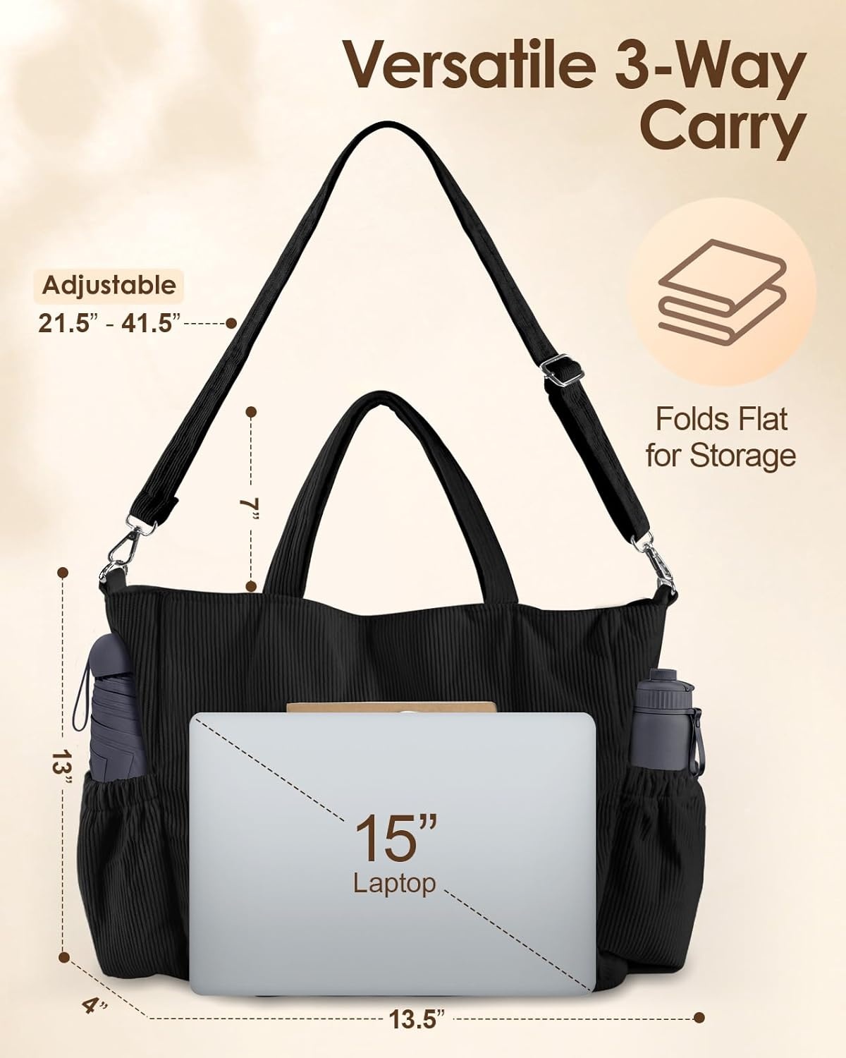 image:imageMiss Adola Crossbody Corduroy Tote Bag for Women Large Tote Bag with MultiPockets and Zipper for Travel WorkBlack