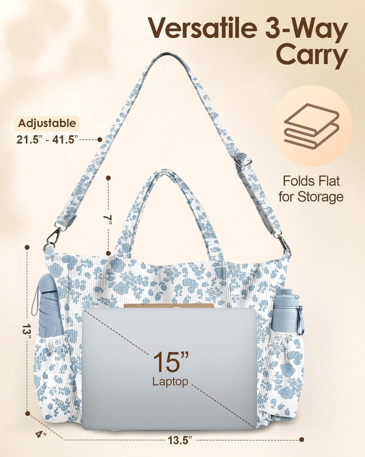 image:imageMiss Adola Crossbody Corduroy Tote Bag for Women Large Tote Bag with MultiPockets and Zipper for Travel WorkBluefloral