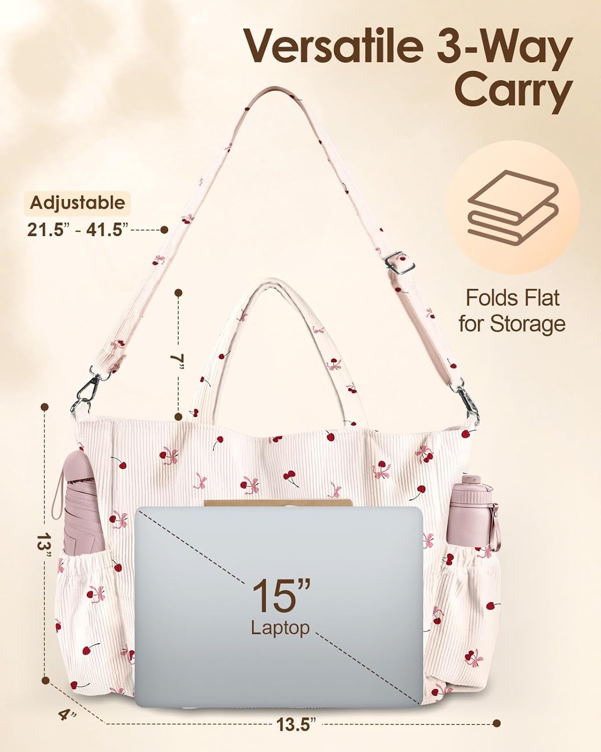 image:imageMiss Adola Crossbody Corduroy Tote Bag for Women Large Tote Bag with MultiPockets and Zipper for Travel WorkCherrybow