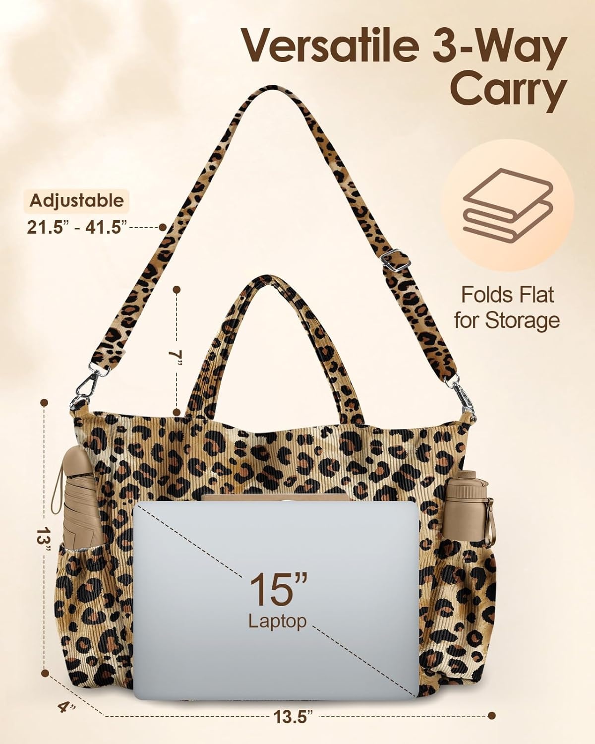 image:imageMiss Adola Crossbody Corduroy Tote Bag for Women Large Tote Bag with MultiPockets and Zipper for Travel WorkClassic Leopard Print