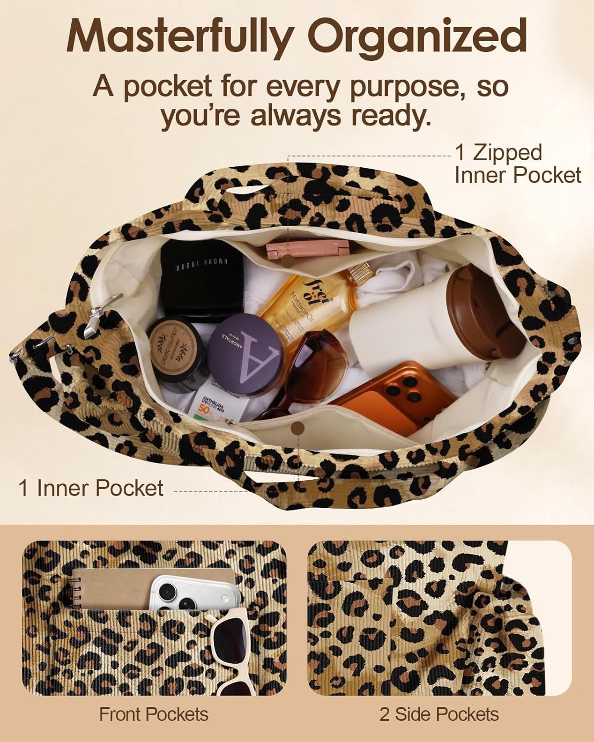 image:imageMiss Adola Crossbody Corduroy Tote Bag for Women Large Tote Bag with MultiPockets and Zipper for Travel WorkClassic Leopard Print