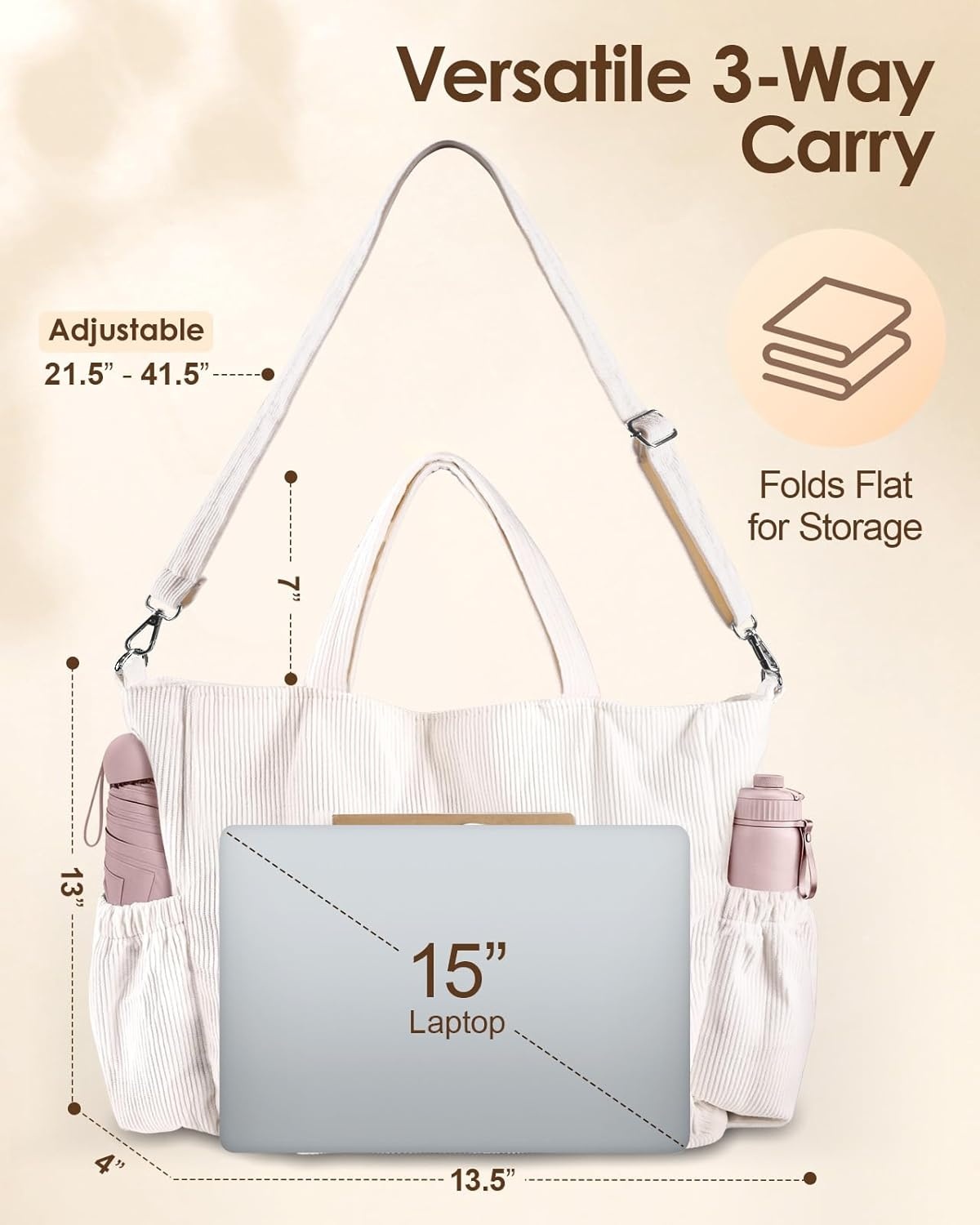 image:imageMiss Adola Crossbody Corduroy Tote Bag for Women Large Tote Bag with MultiPockets and Zipper for Travel WorkCreamwhite
