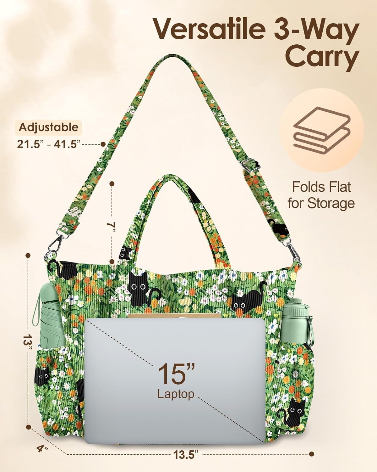 image:imageMiss Adola Crossbody Corduroy Tote Bag for Women Large Tote Bag with MultiPockets and Zipper for Travel WorkFloralcats