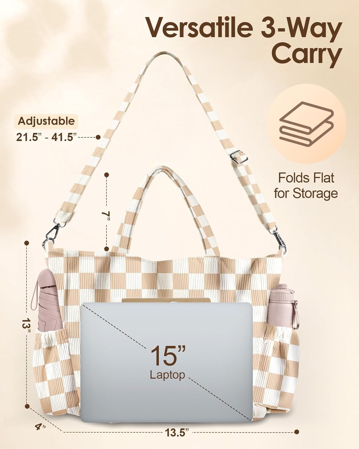 image:imageMiss Adola Crossbody Corduroy Tote Bag for Women Large Tote Bag with MultiPockets and Zipper for Travel WorkKhakicheckered