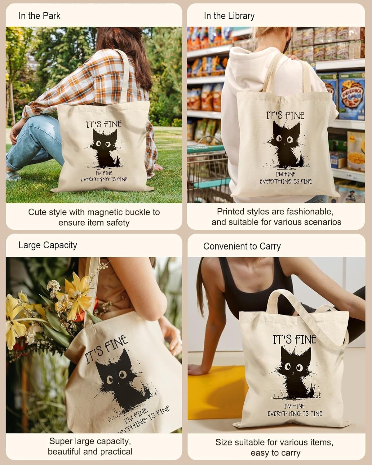 image:imageMiss Adola Cute Canvas Tote Bag for Women Girls Animal Lover Aesthetic Bags with Magnetic Buckle and Zipper Inner PocketBlack Cat