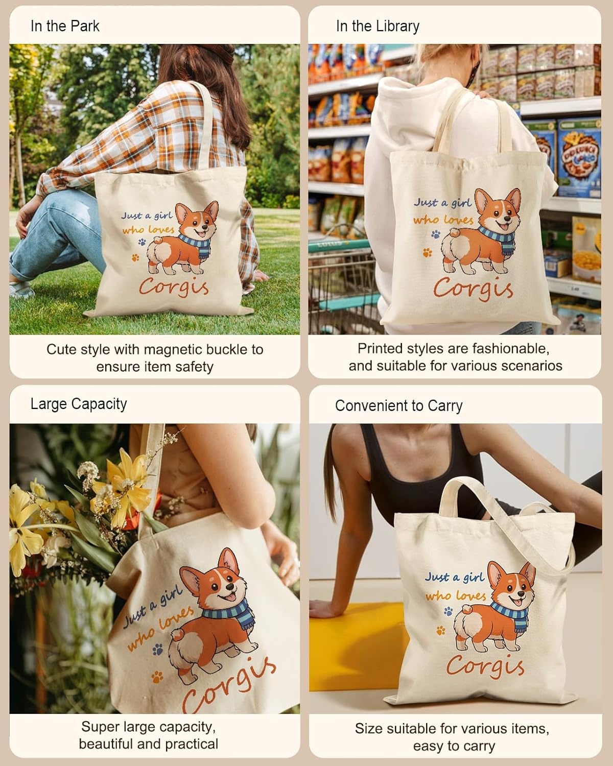 image:imageMiss Adola Cute Canvas Tote Bag for Women Girls Animal Lover Aesthetic Bags with Magnetic Buckle and Zipper Inner PocketCorgi
