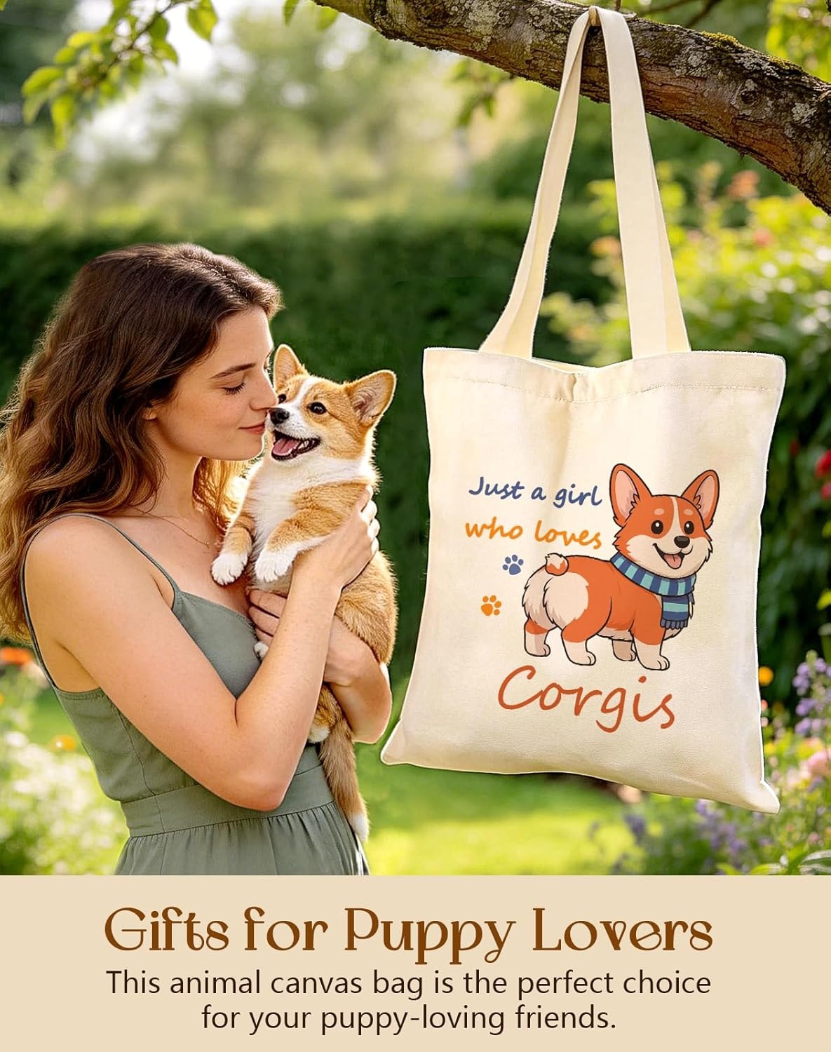 image:imageMiss Adola Cute Canvas Tote Bag for Women Girls Animal Lover Aesthetic Bags with Magnetic Buckle and Zipper Inner PocketCorgi