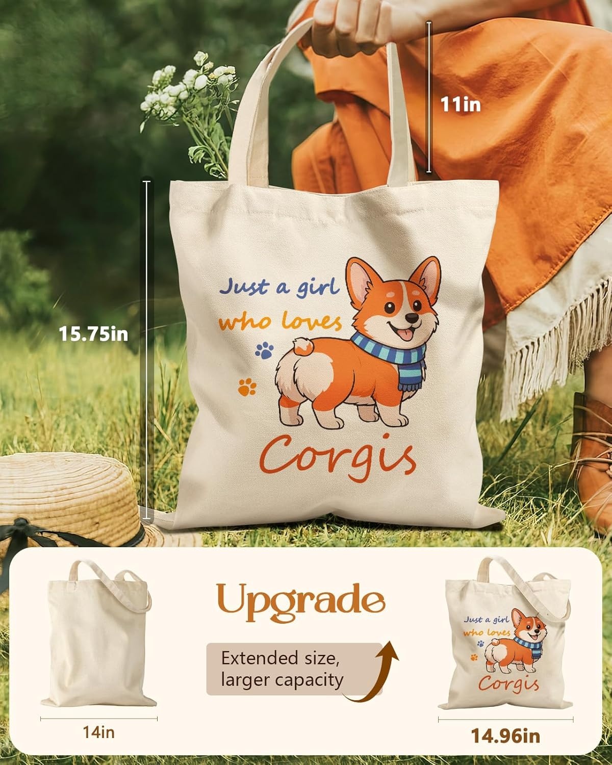 image:imageMiss Adola Cute Canvas Tote Bag for Women Girls Animal Lover Aesthetic Bags with Magnetic Buckle and Zipper Inner PocketCorgi