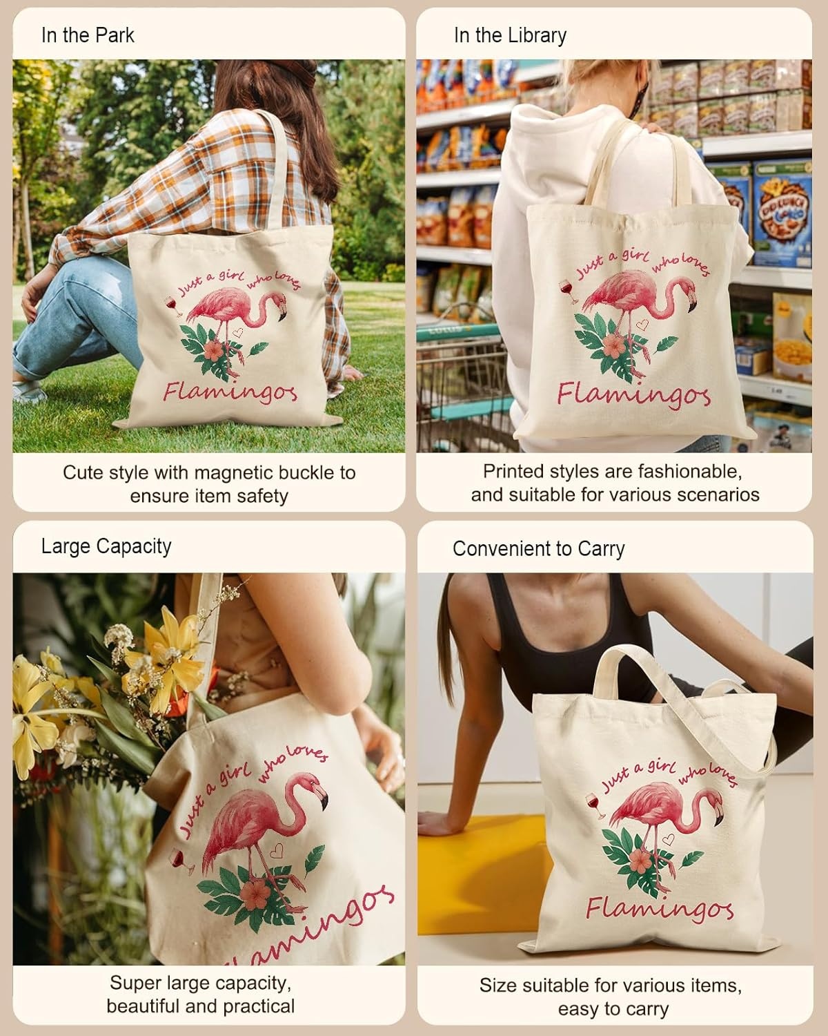image:imageMiss Adola Cute Canvas Tote Bag for Women Girls Animal Lover Aesthetic Bags with Magnetic Buckle and Zipper Inner PocketFlamingo