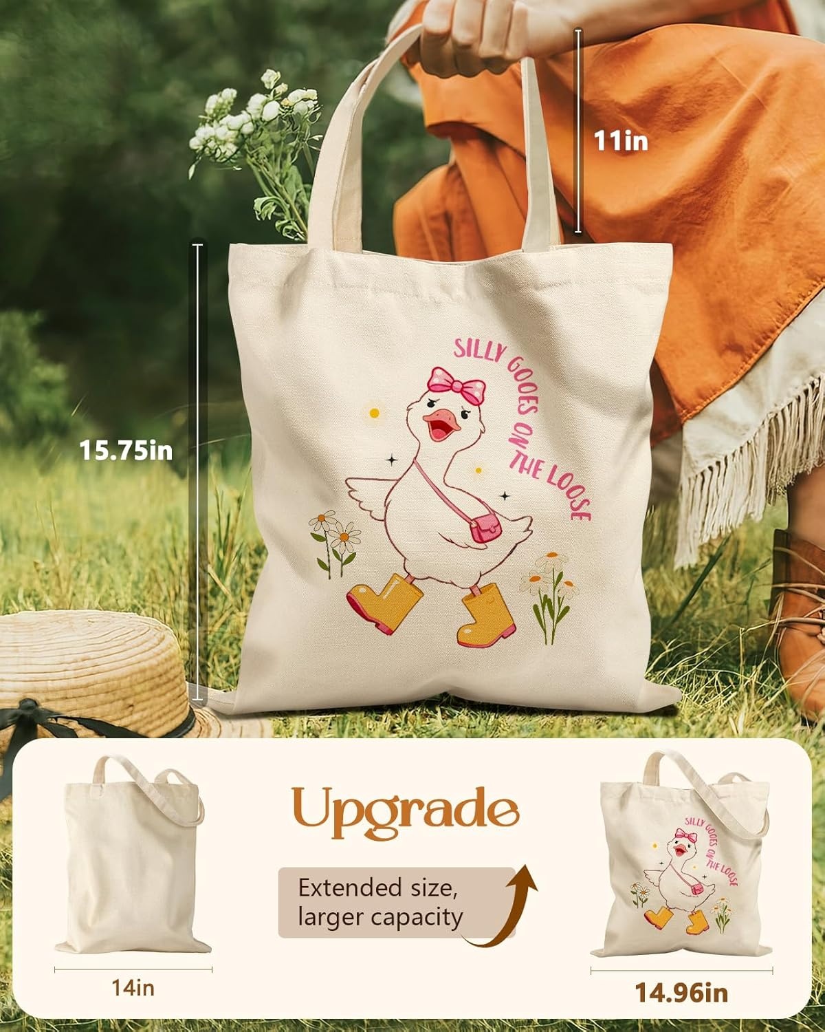 image:imageMiss Adola Cute Canvas Tote Bag for Women Girls Animal Lover Aesthetic Bags with Magnetic Buckle and Zipper Inner PocketGoose