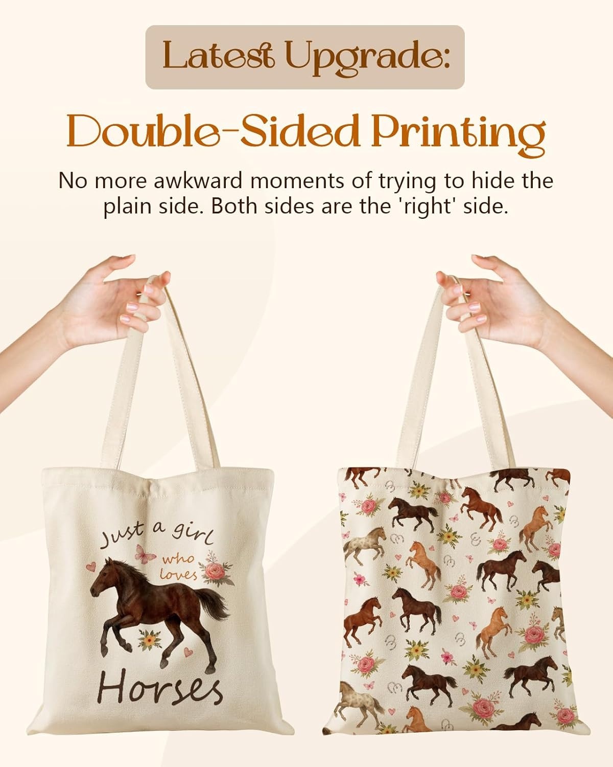 image:imageMiss Adola Cute Canvas Tote Bag for Women Girls Animal Lover Aesthetic Bags with Magnetic Buckle and Zipper Inner PocketHorse