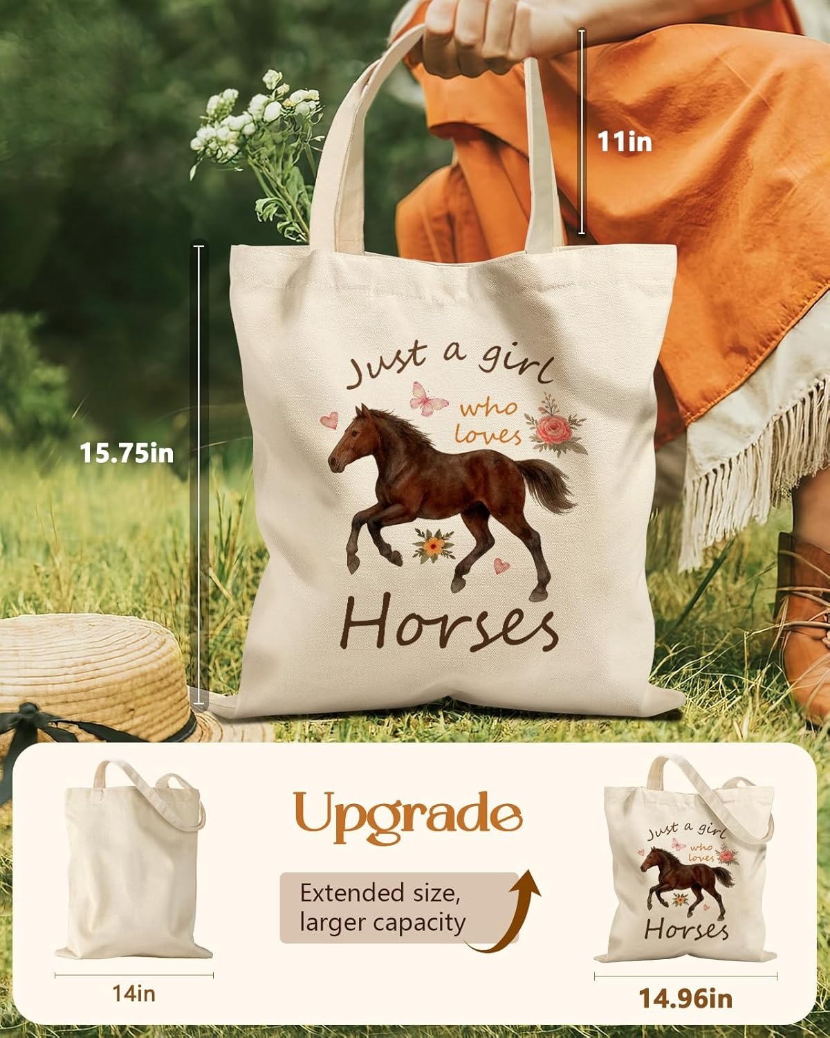 image:imageMiss Adola Cute Canvas Tote Bag for Women Girls Animal Lover Aesthetic Bags with Magnetic Buckle and Zipper Inner PocketHorse