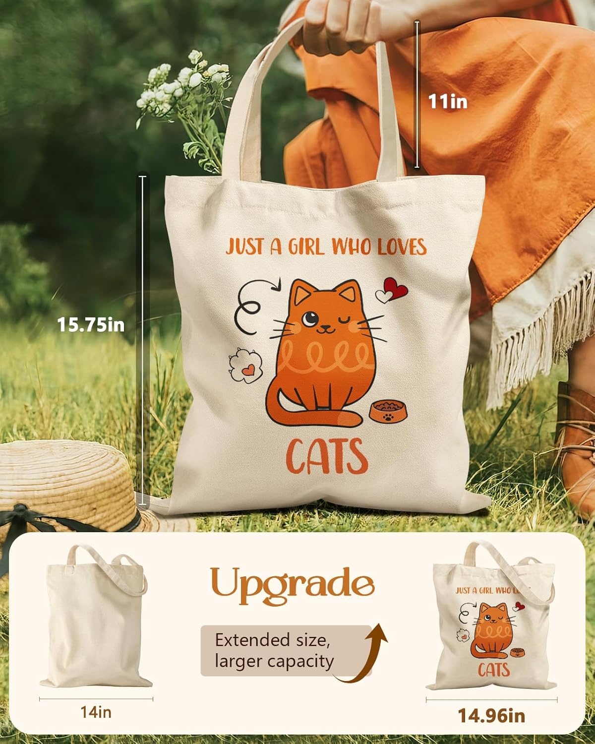 image:imageMiss Adola Cute Canvas Tote Bag for Women Girls Animal Lover Aesthetic Bags with Magnetic Buckle and Zipper Inner PocketOrange Cat