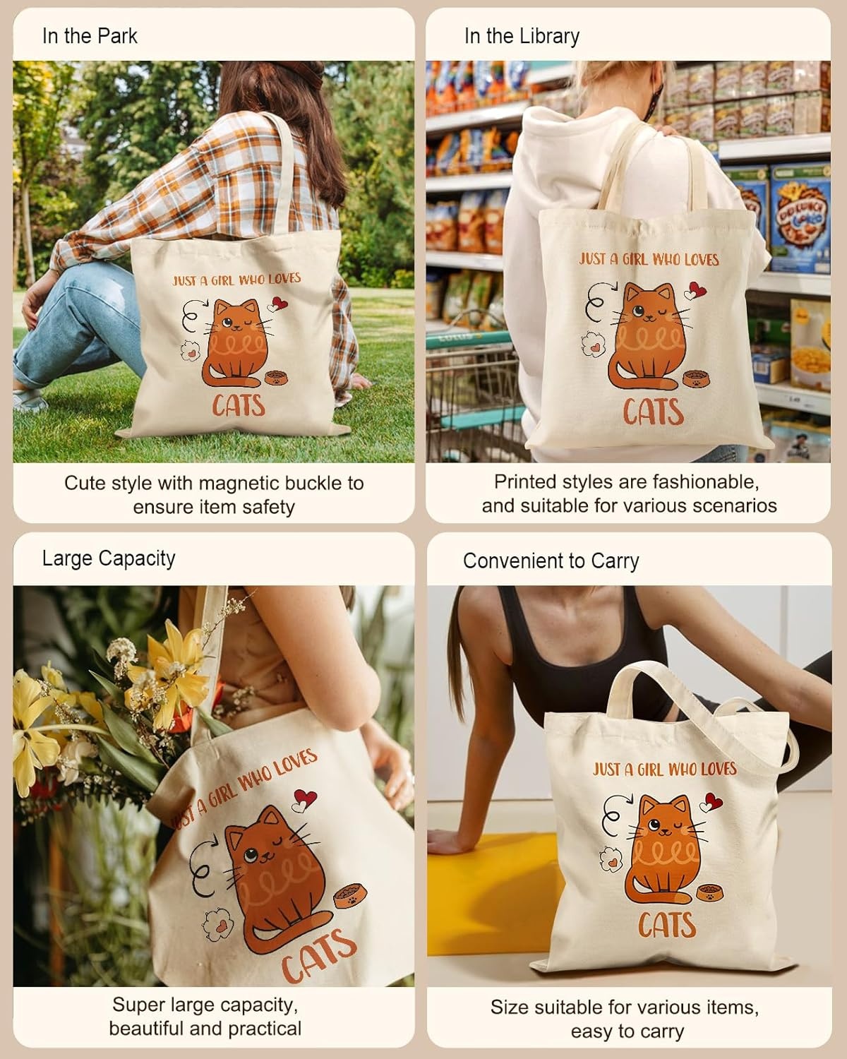 image:imageMiss Adola Cute Canvas Tote Bag for Women Girls Animal Lover Aesthetic Bags with Magnetic Buckle and Zipper Inner PocketOrange Cat